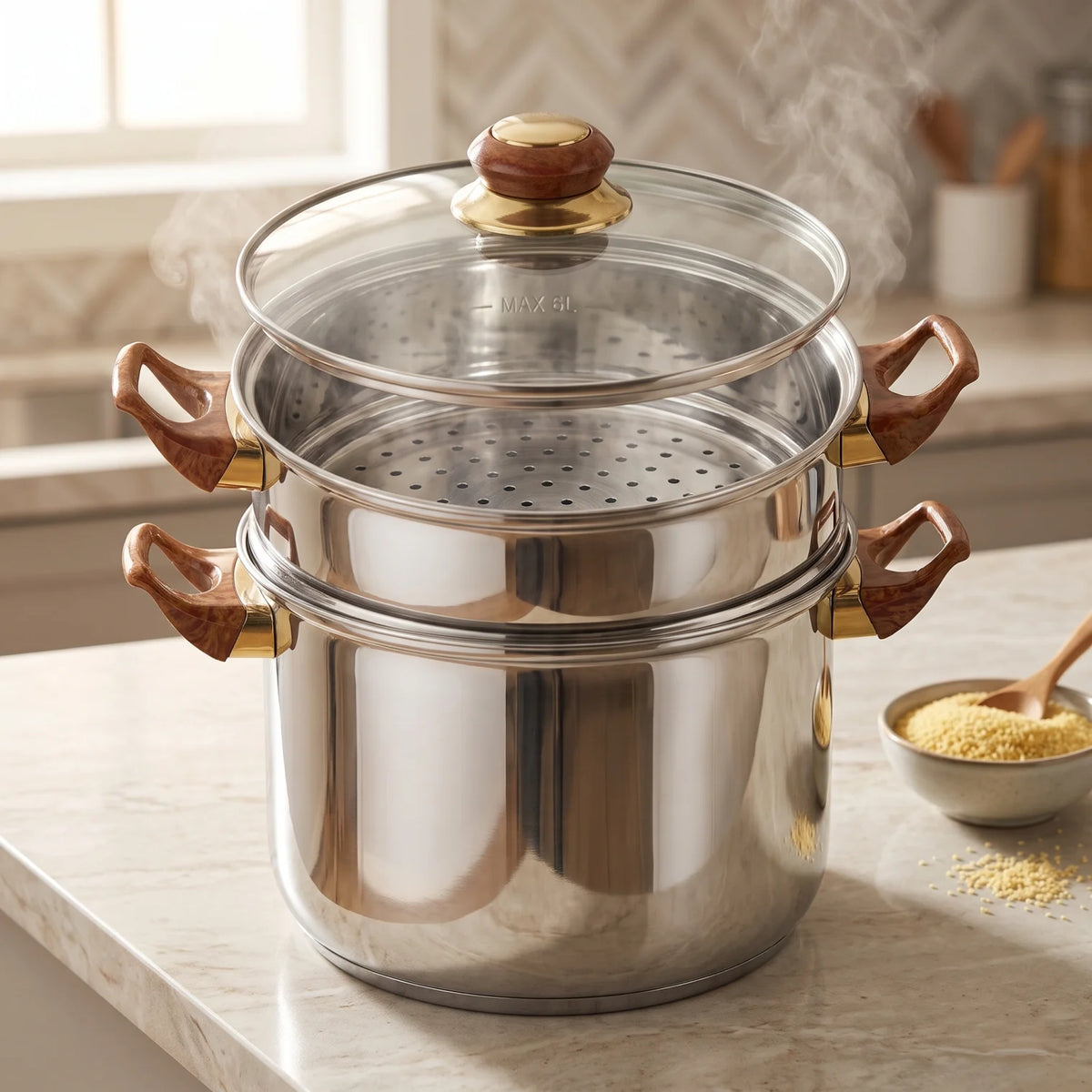 HTH 6 liters Steam Pot – Multi-Level Couscous Steamer with Glass Lid, Stacked Cooking Sections and Side Handles for Couscous Preparation