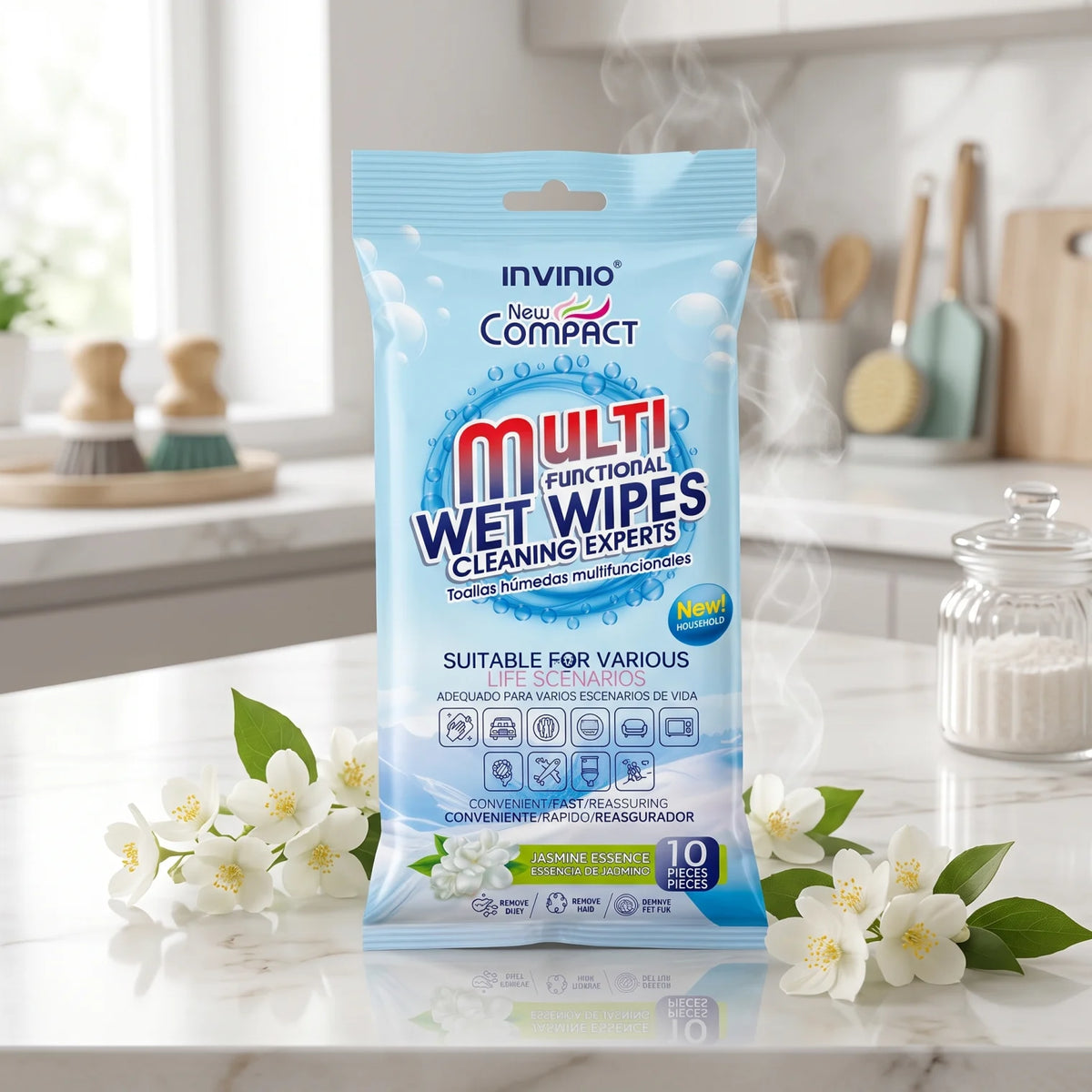 EXITO New Compact Household Wet Wipes – 10 Pieces with Jasmine Essence | Multifunctional Cleaning Wipes for Dust, Hair and Pet Fur