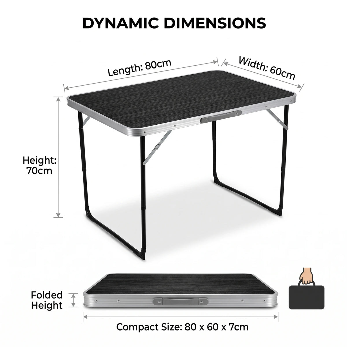 Alluminium Alloy Portable Folding Camping and Picnic Table – 80 x 60 x 70cm | Black and White Lining Texture Top