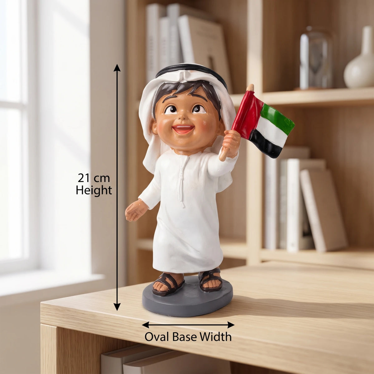 21 cm Figurine Statue with Multicolour Flag – White Clothing, Head Covering and Dark Oval Base for Display