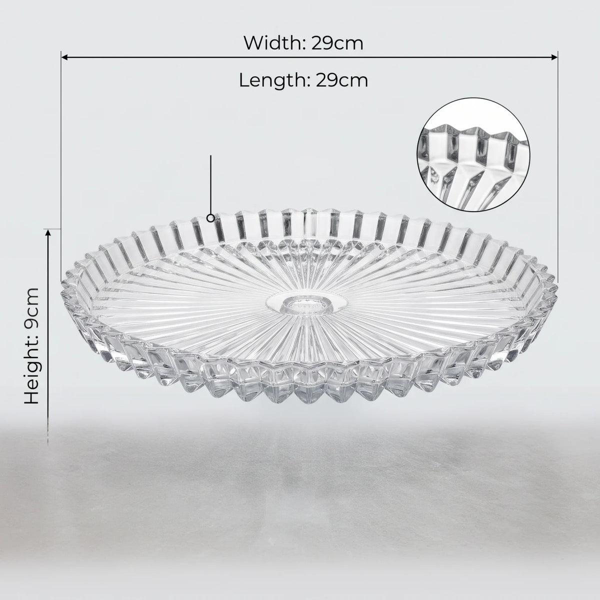 Glass Decorative Pedestal Cake Stand – 29cm Fluted Starburst Rim | 9cm Height | 10cm Base | Dessert Display