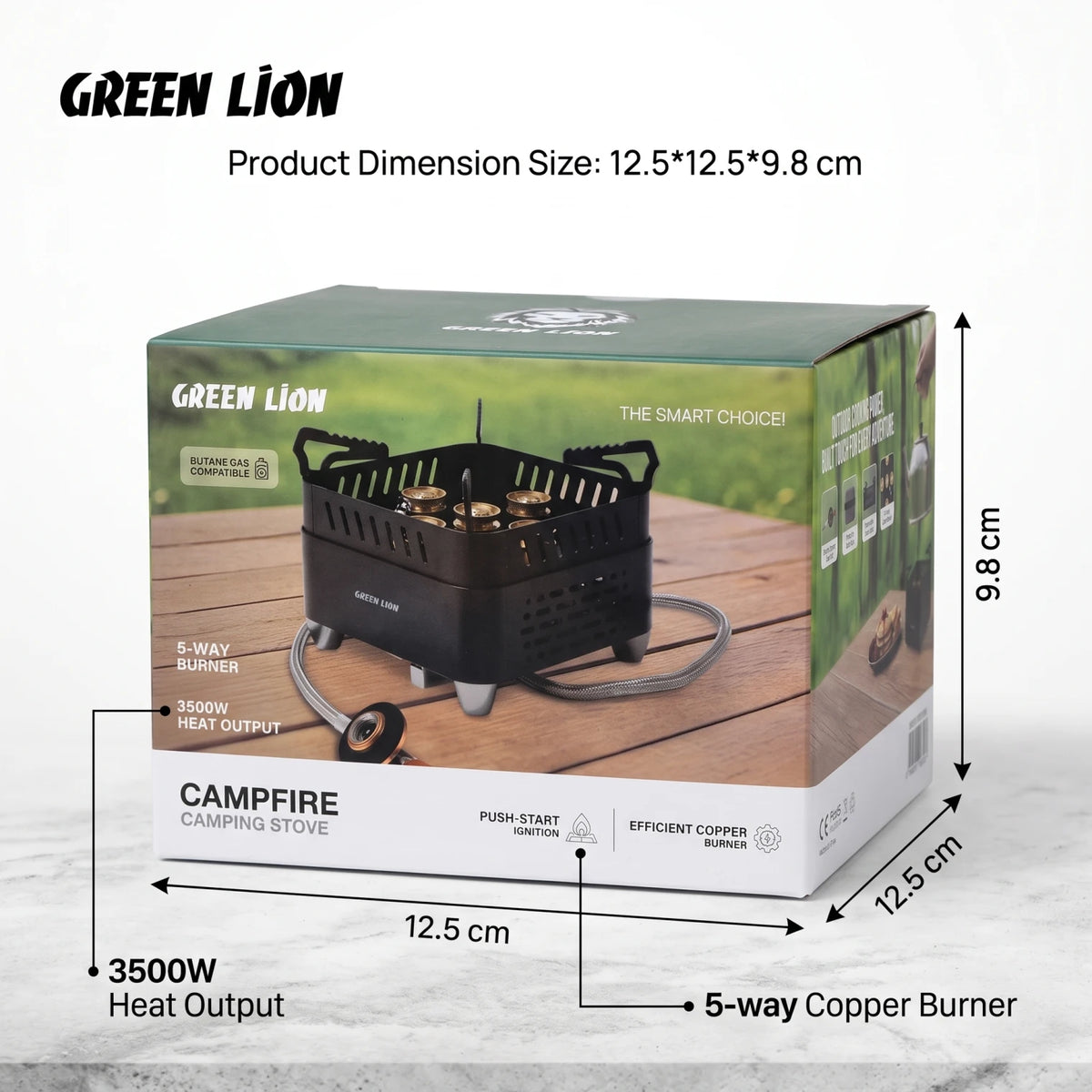 GREEN LION CAMPFIRE Portable Camping Gas Stove – 3500W 5-Way Copper Burner, Butane Compatible, Push-Start Ignition for Outdoor Cooking, Black