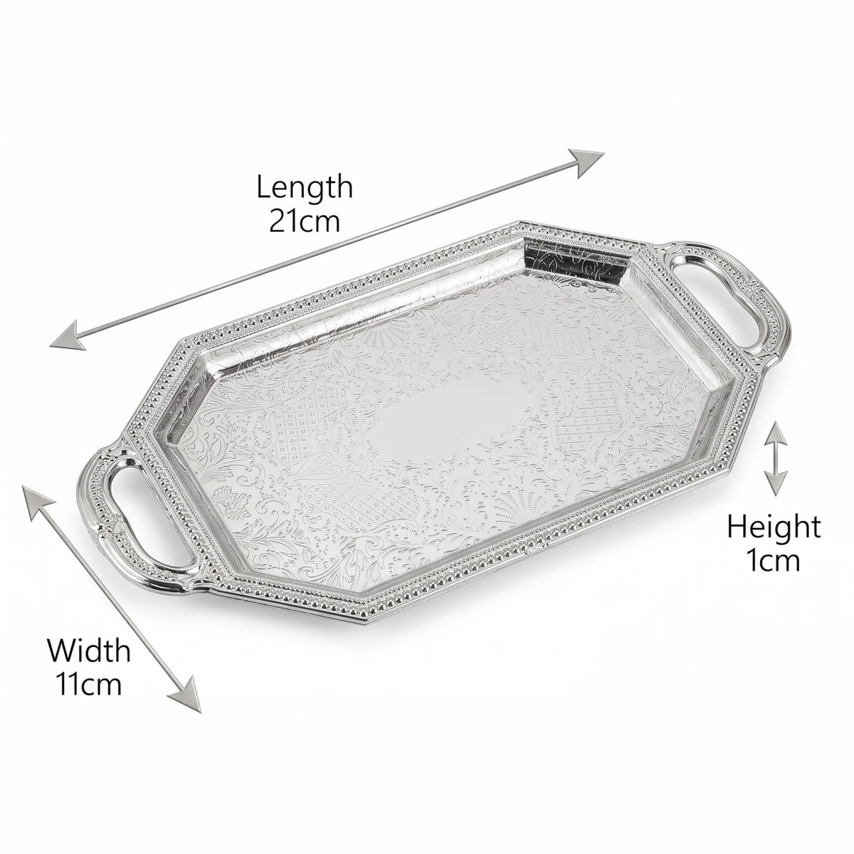 Ornate Silver-Toned Octagonal Serving Tray – 21 x 11 x 1 cm | Textured Handles | Embossed Patterned Base