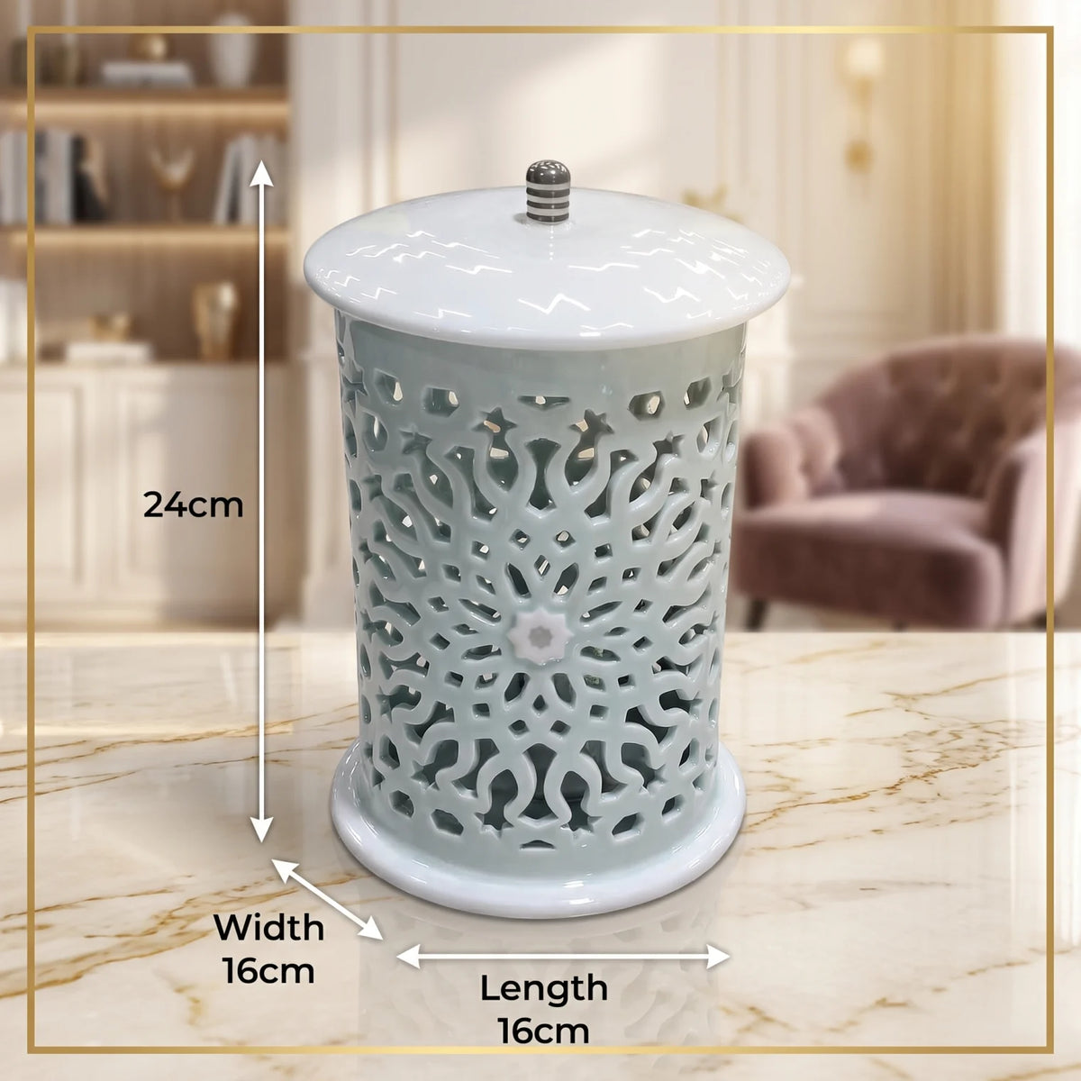 Otantik Home Asalah Electronic Candle Holder – Teal & Silver, 24cm | Intricate Porcelain Cutout Design | Decorative Home Accent