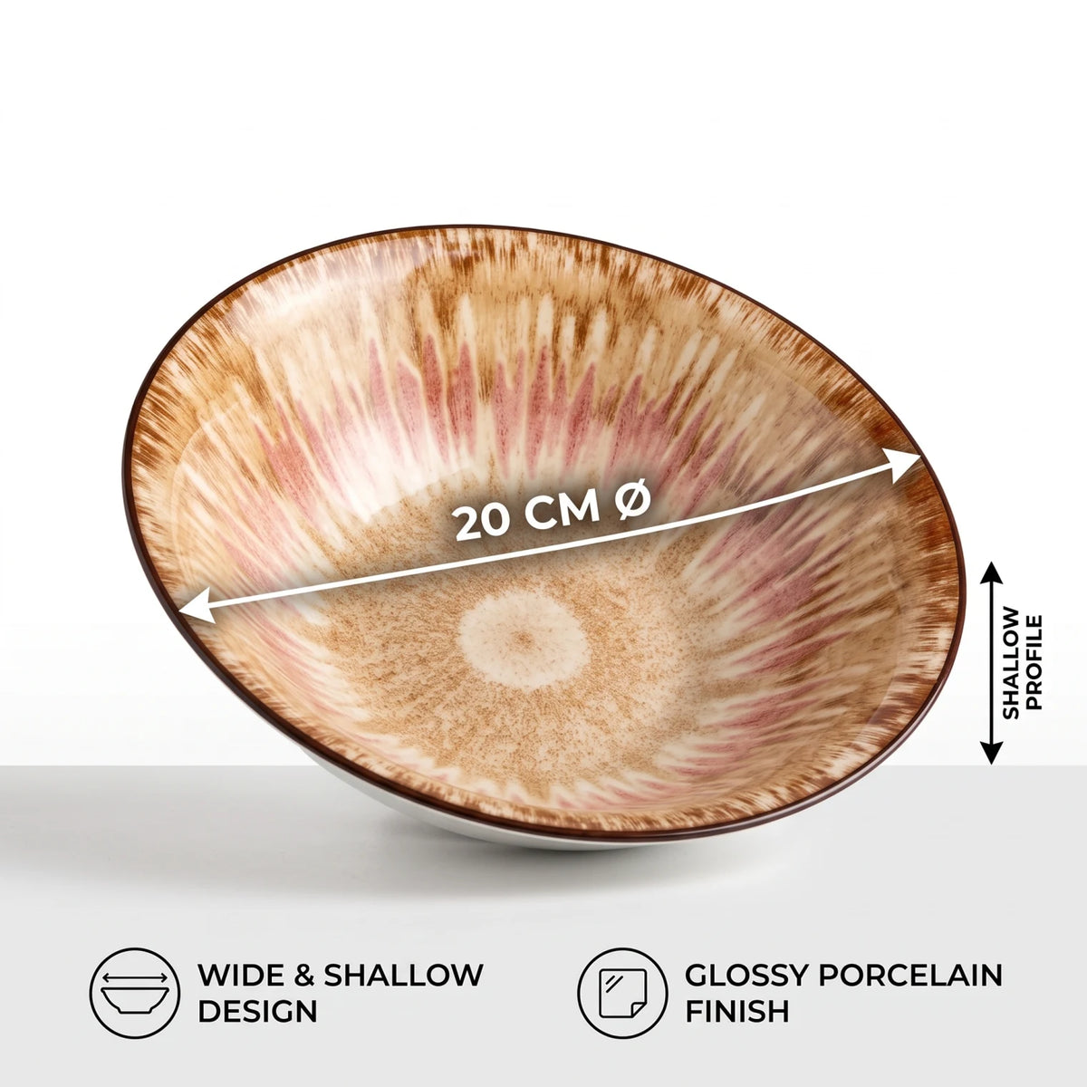 20 CM Porcelain Bowl – Wide Shallow Design with Glossy Beige, Pink and Brown Radial Pattern