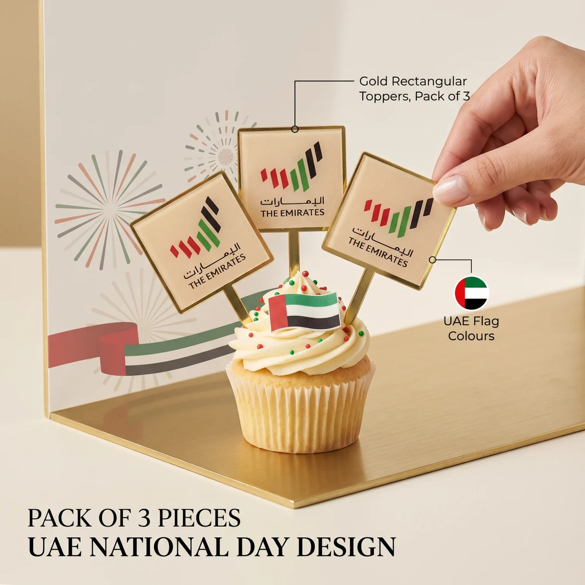 THE EMIRATES UAE National Day Cake Topper Set Pack of 3 Pieces – Gold Rectangular Flag-Style Cake Decorations for UAE Celebrations