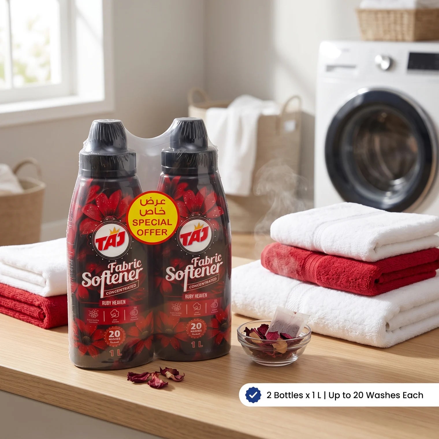 TAJ Fabric Softener RUBY HEAVEN – 2 x 1 L Bottles | Concentrated Formula | 20 Washes | Ultra Softness and Classic Fragrance