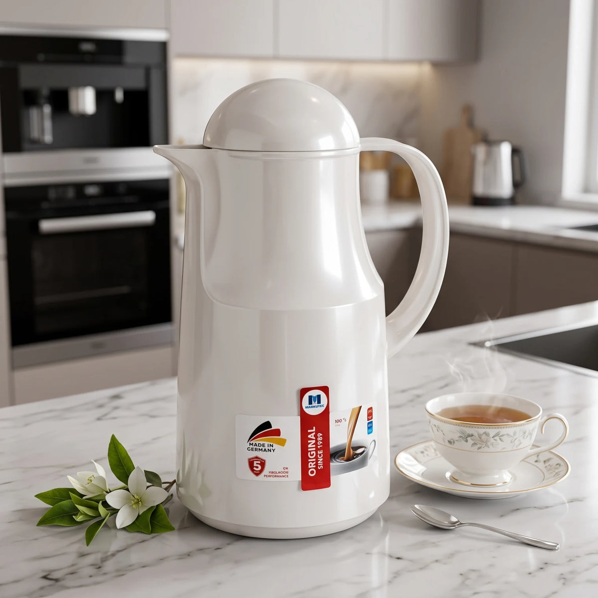 Markutec German-made Pearl White vaccum flask 1 Liter – Leak Proof, Keeps Drinks Hot 12 Hours or Cold 24 Hours, for Tea and Coffee