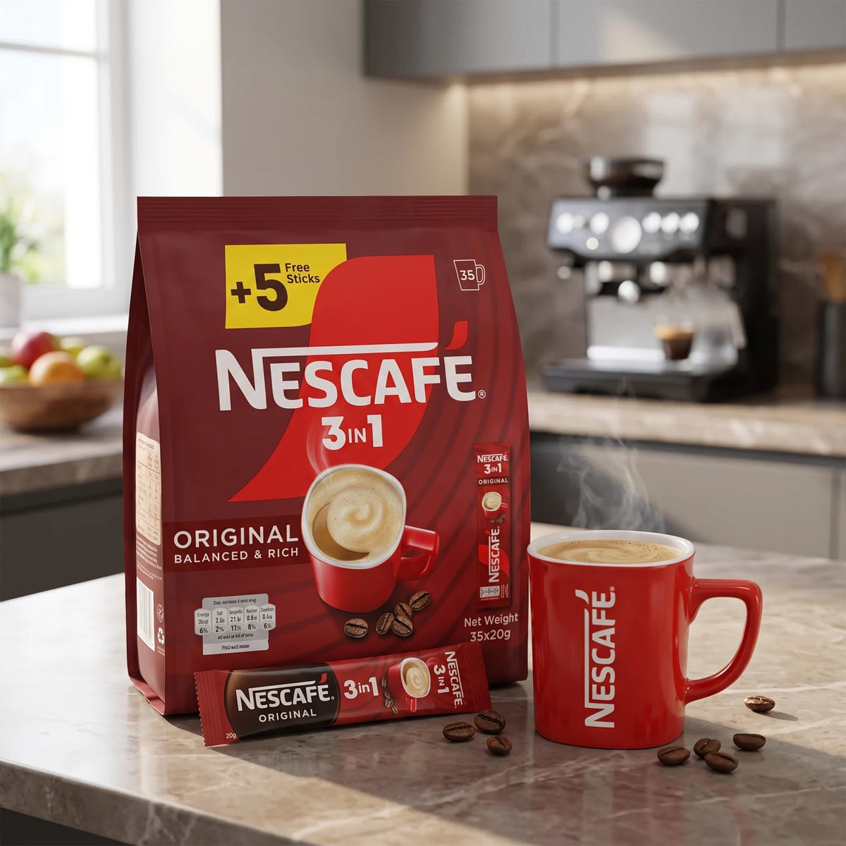 NESCAFÉ 3 IN 1 Original Instant Coffee Drink Mix, 35 Sticks x 20g | Balanced & Rich Coffee Sachets for Single-Cup Preparation