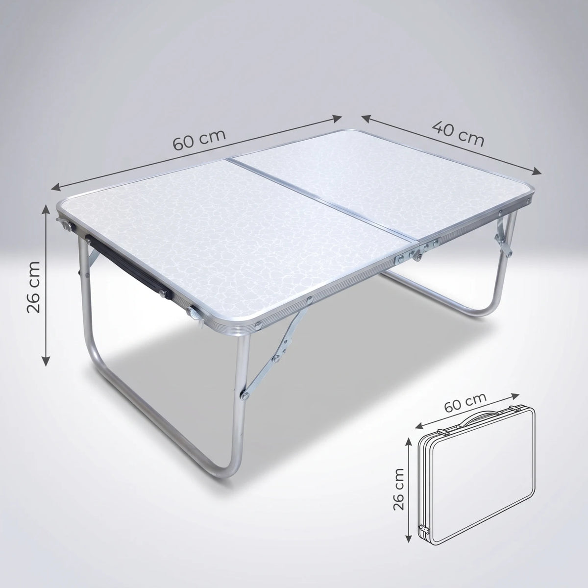 Aluminium Alloy Foldable Mini Camping Table – 60 x 40 x 26 cm | White Patterned Top, Silver Frame and Folding Legs