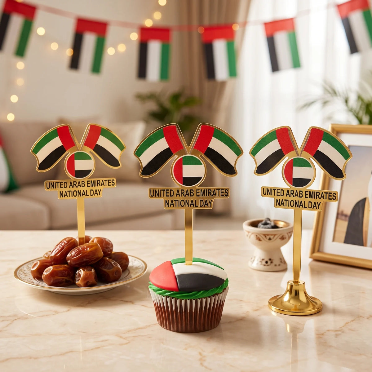 I&A Collection UAE National Day Acrylic Decor Set of 3 Pieces | Flag-Themed Hanging Ornaments in Red, Green, Black, White and Gold
