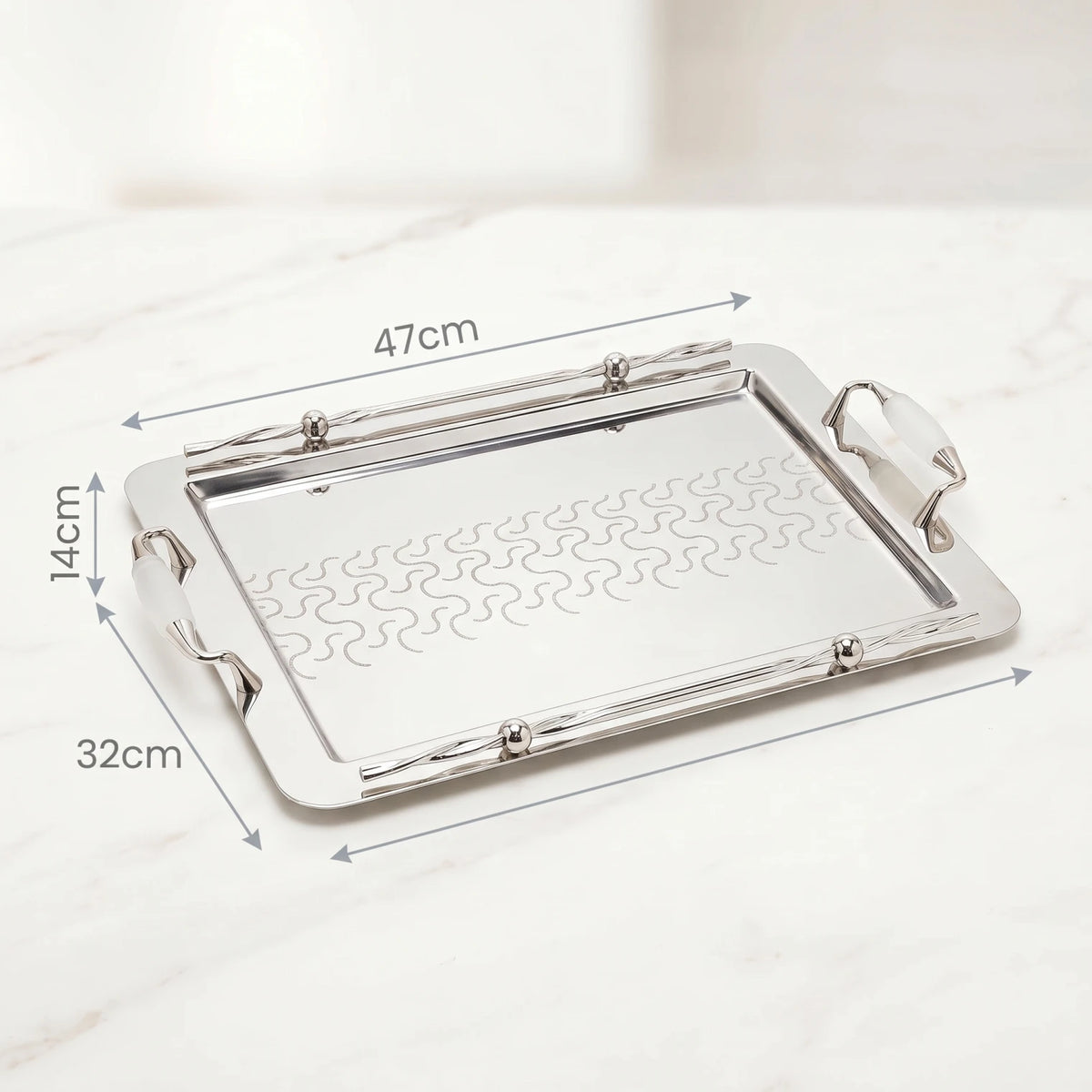 Ansa Luxury Metal Serving Tray – 47 x 32 x 14cm | Geometric Pattern, Raised Rim and Side Handles | Multiple Colour Options - Silver - White - Image 2