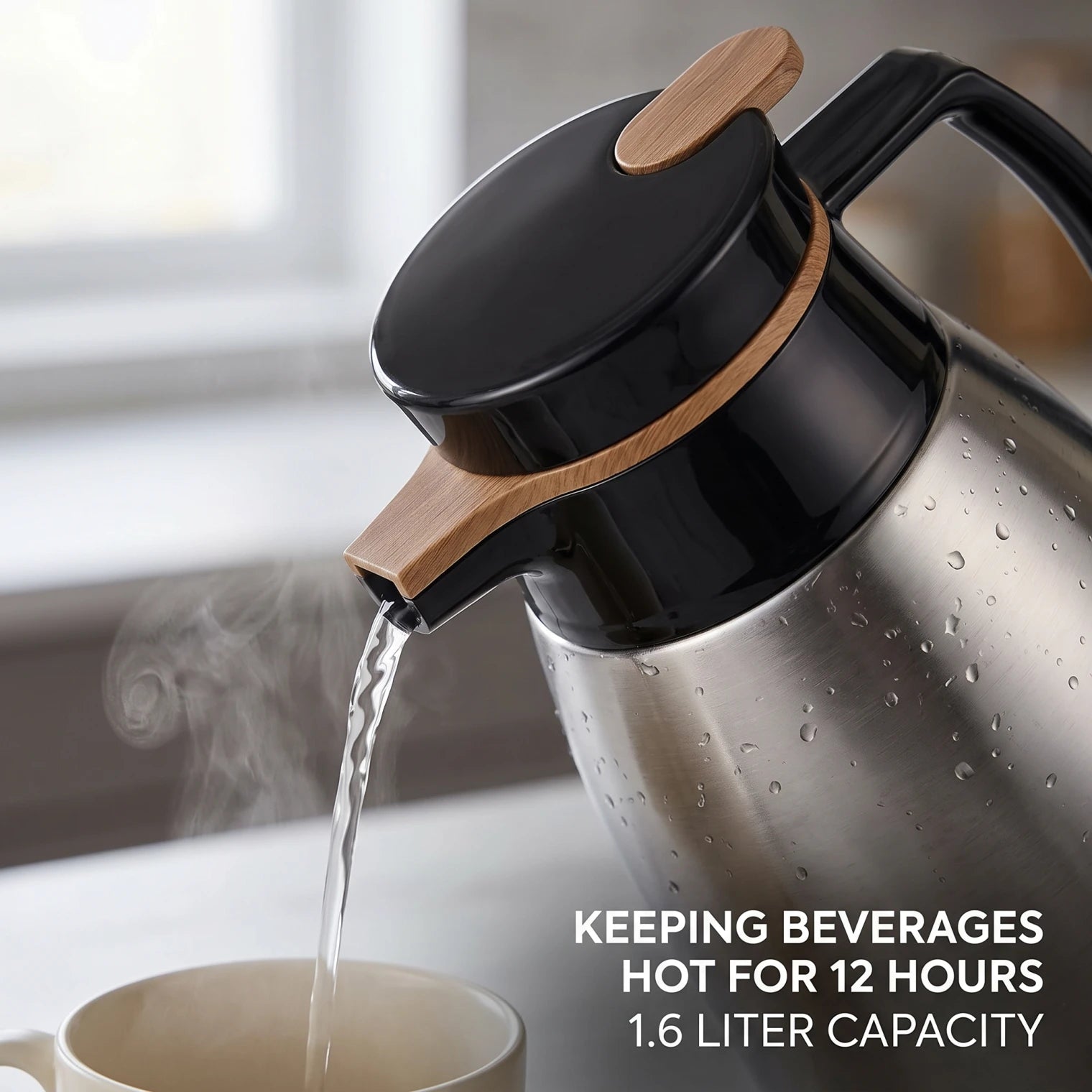 Regal Stainless Steel Vaccum Jug Flask – 1.6 Liters | Black Handle, Wood Grain Lid Accents | Hot and Cold Beverage Server