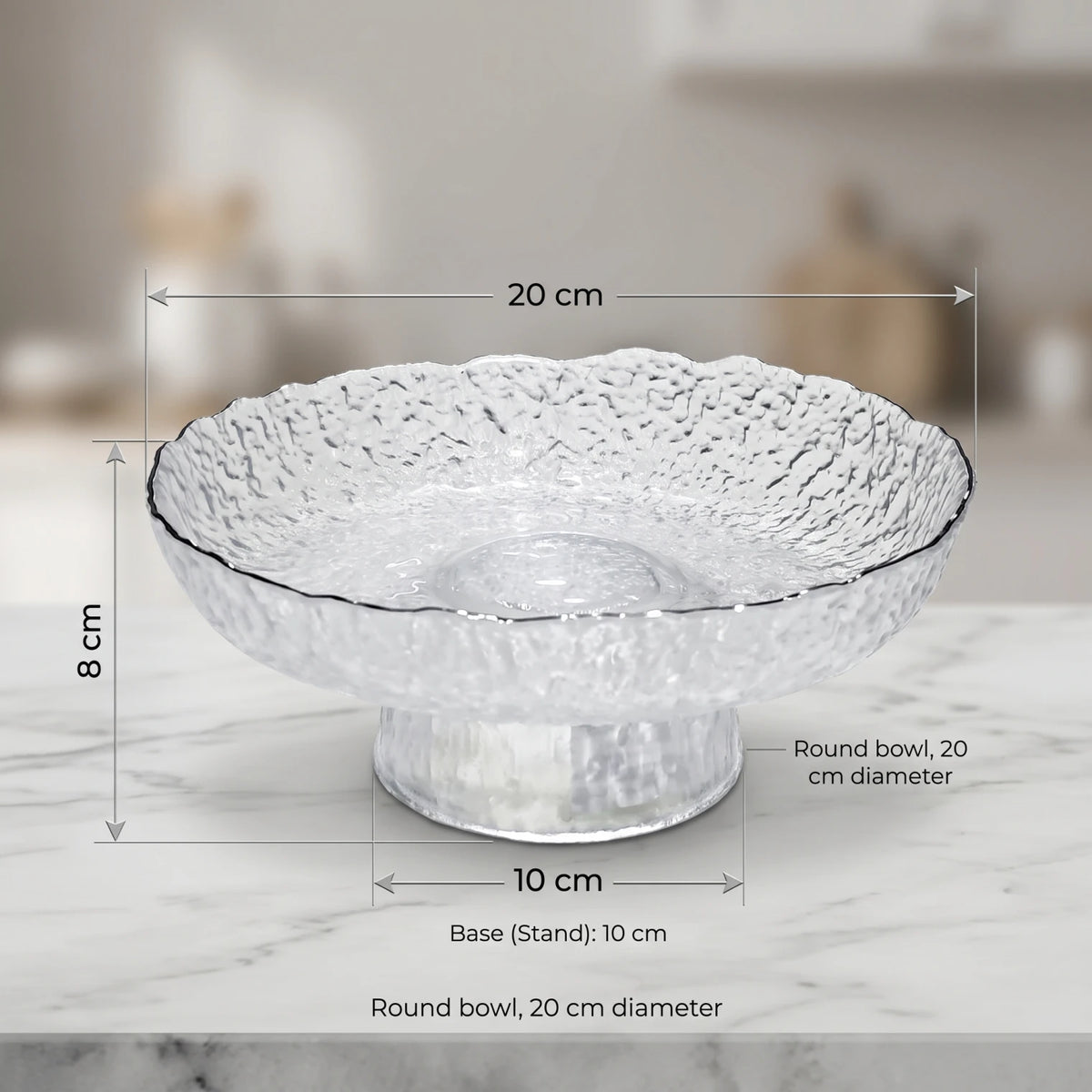 Decorative Hammered-Glass Pedestal Fruit Bowl – 20 cm Round Bowl with Ruffled Rim and 10 cm Base