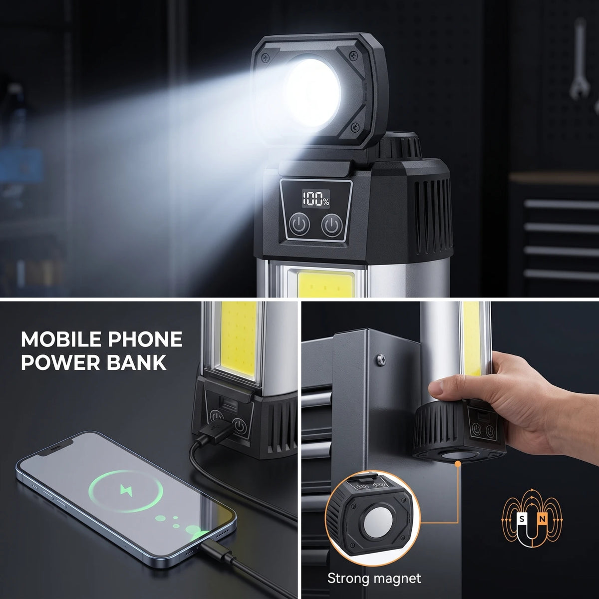 Super Bright Work Light – P50 LED + 3*COB | Rechargeable LED Floodlight, Multiple Light Panels, Mobile Phone Power Bank, Black and Silver