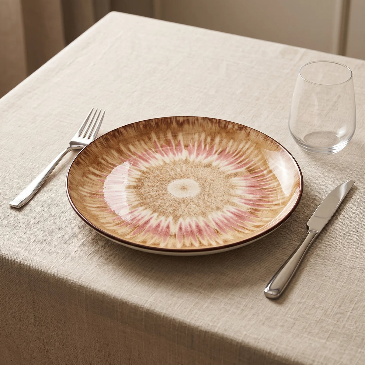 26 CM Porcelain Dinner Plate – Beige Sunburst Pattern, Dark Brown Rim and Glossy Finish for Everyday Dining