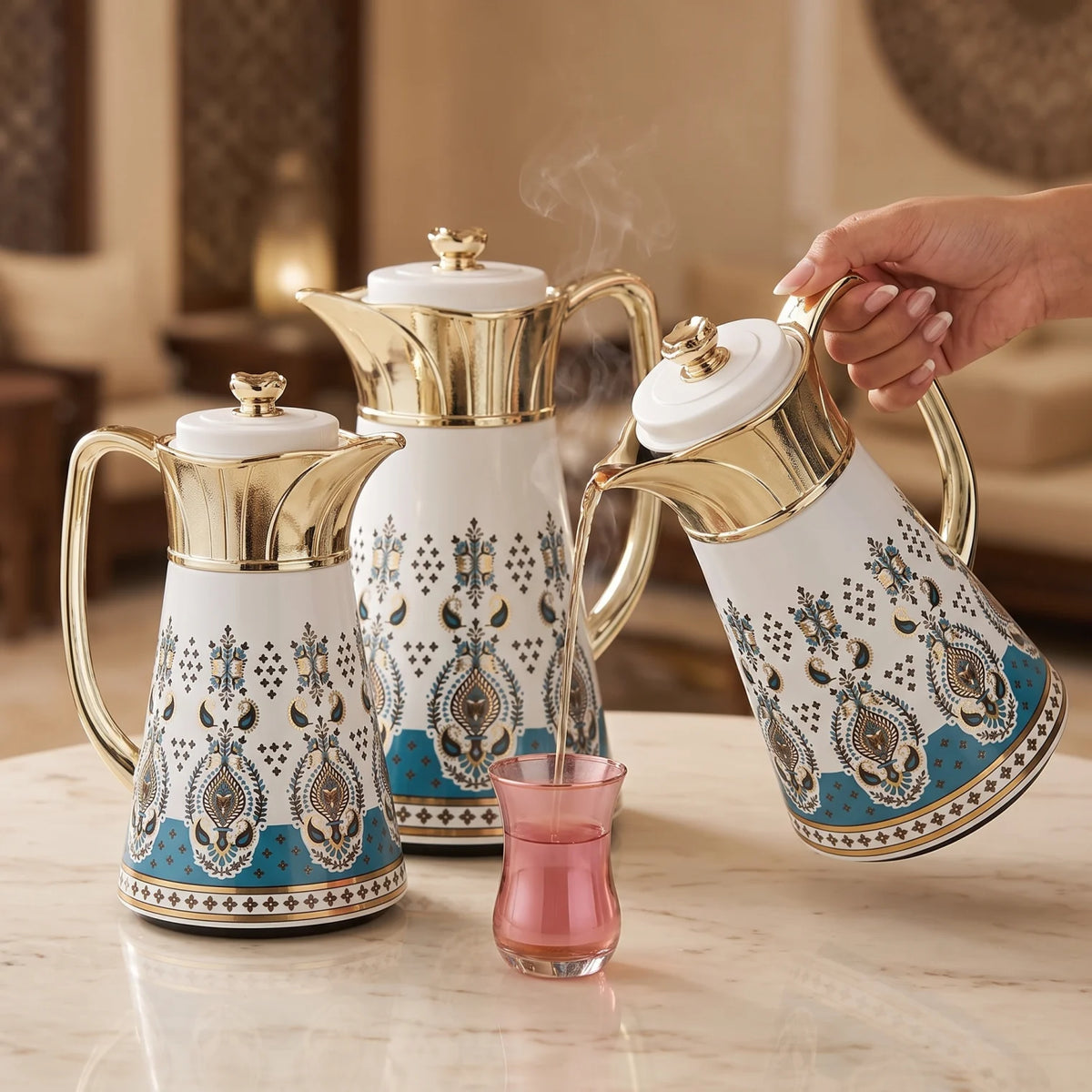 Regal 2 Piece White-Gold Arabic Ornate Blue Patterned Vacuum Jug Set – 0.5L + 1.0L | Tea & Coffee