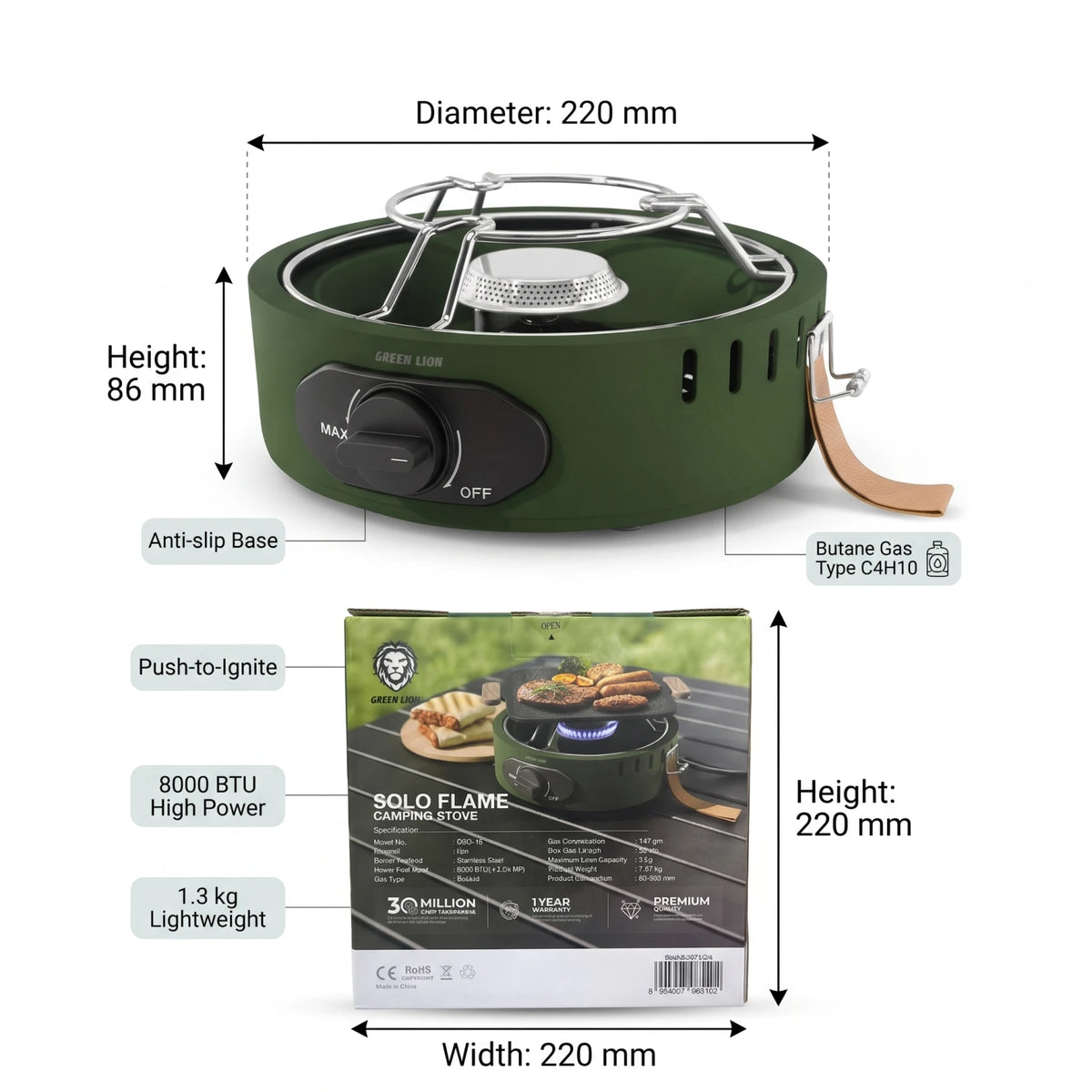 GREEN LION SOLO FLAME Camping Stove – Green Butane Gas Compatible Single Burner | Push-to-Ignite, Knob Control, 8000 BTU High Power