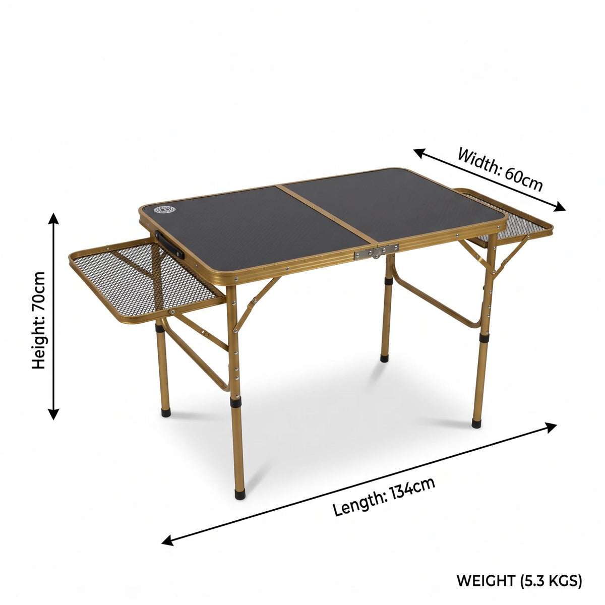 Omega 1 Korea Lightweight Foldable Gold-Toned Outdoor Camping Table – H70 x W60 x L134 cm | Mesh Side Sections | Portable Folding Table