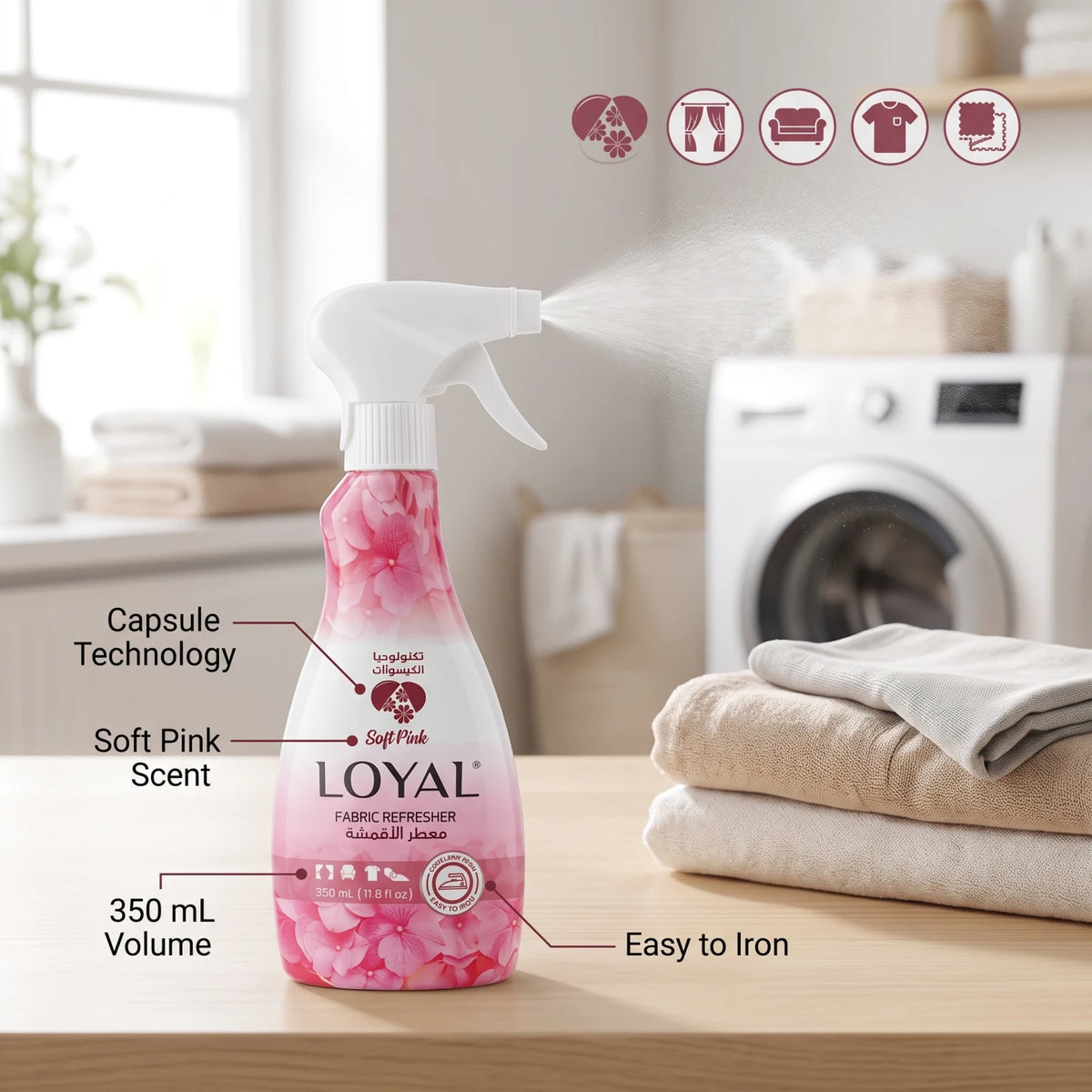 LOYAL Fabric Refresher 350ml Soft Pink – Capsule Technology, Easy to Iron, For Curtains, Sofas and Clothing