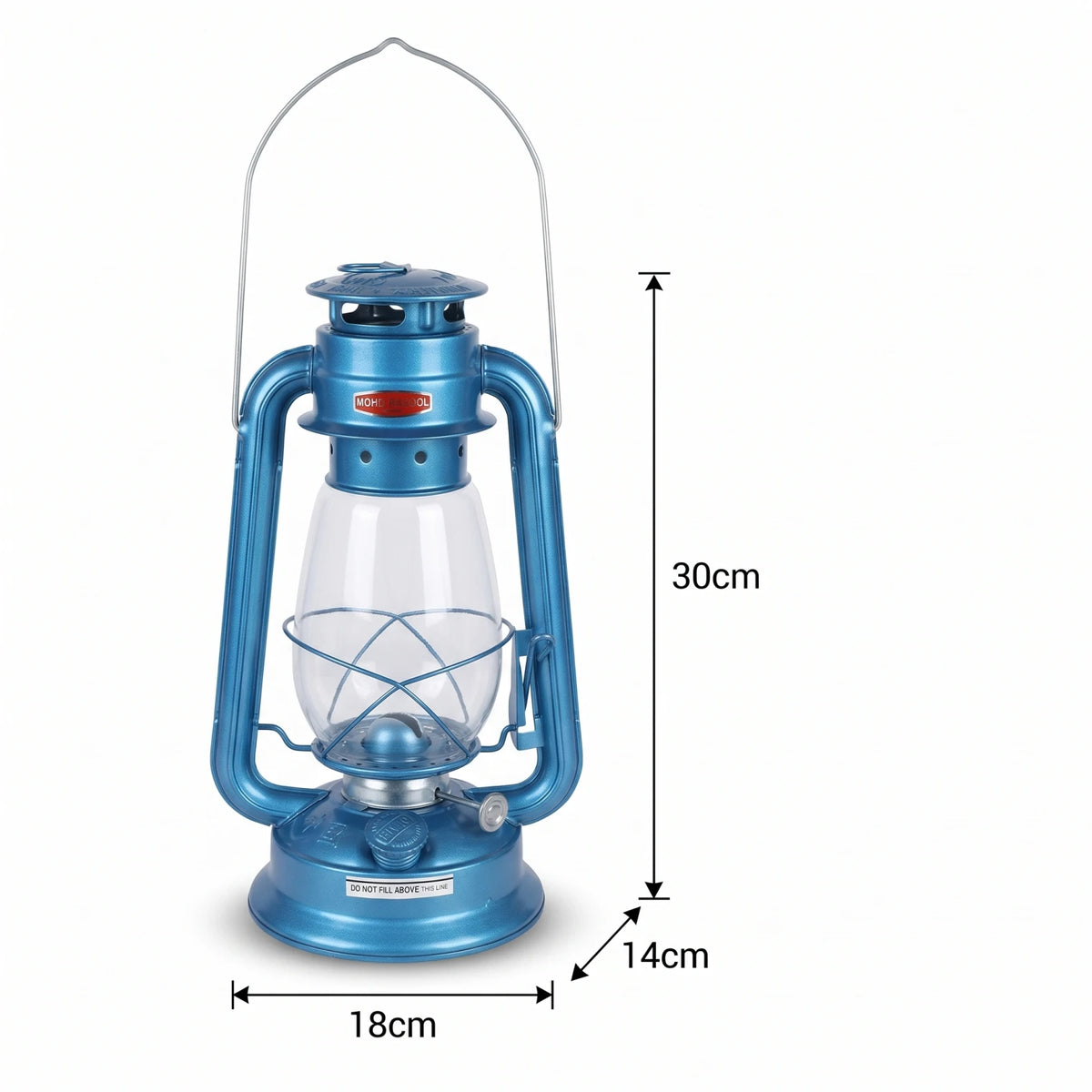 MOHD RASOOL Hurricane Lantern – 30 x 14 x 18cm | Blue Metal Frame | Clear Glass Globe | Protective Wire Guard | Liquid-Fuel Camping Light