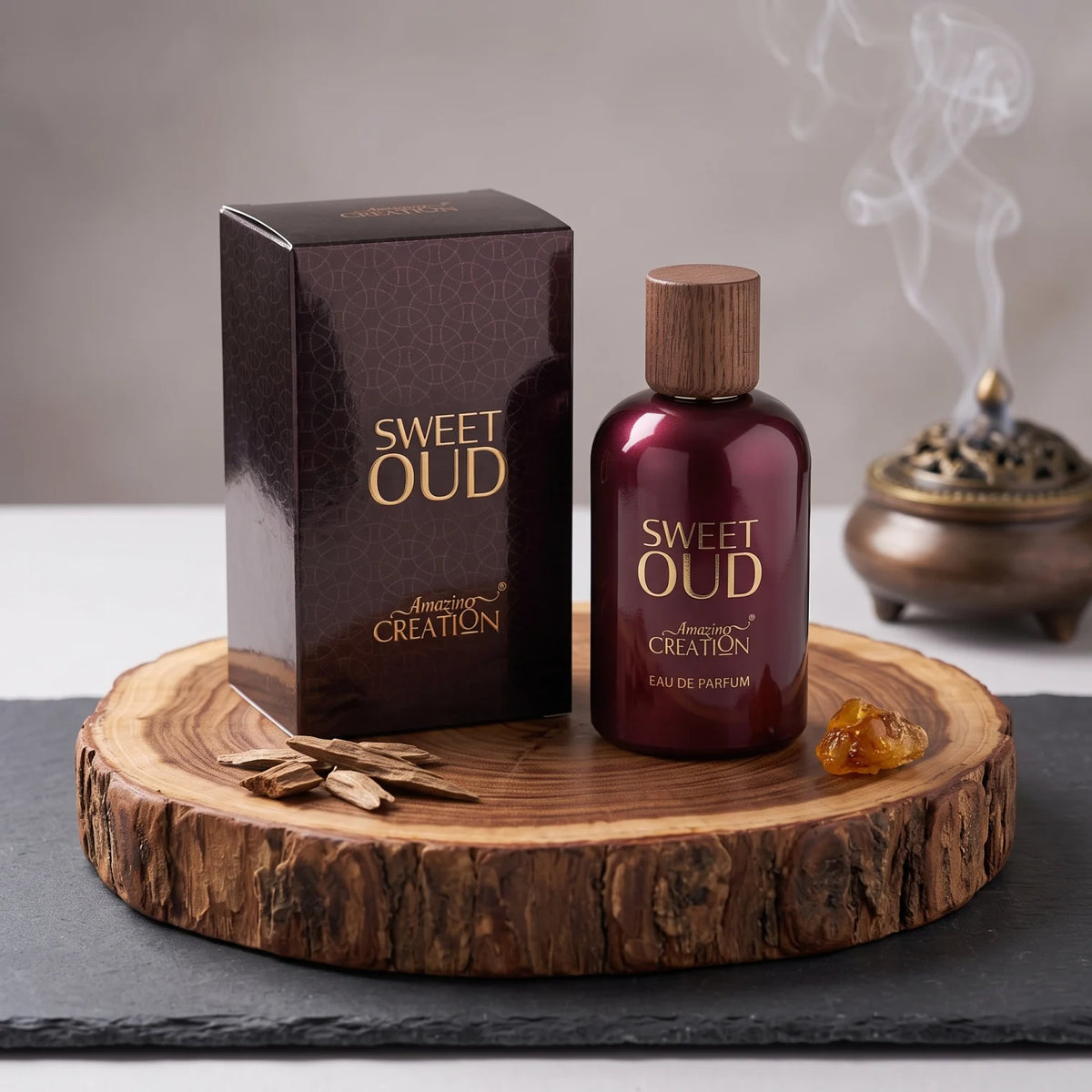 Amazing Creation SWEET OUD Eau de Parfum 100Ml – Oud Fragrance with Glossy Rounded Bottle and Wood-Patterned Cap