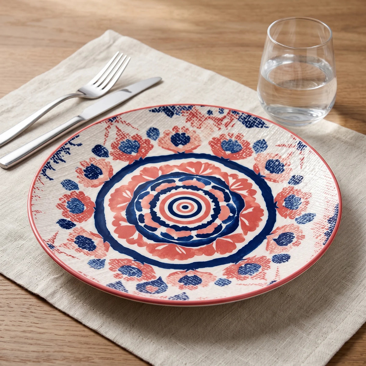 26 CM Porcelain Dinner Plate – White Base with Red, Coral and Dark Blue Floral-Geometric Design