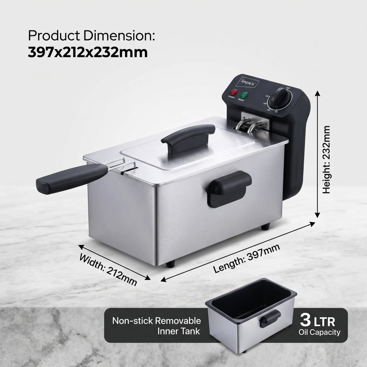 Impex Deep Fryer IDF1003 – 3 LTR, 2000W | Adjustable 130°C–190°C Temperature Control | Non-Stick Removable Inner Tank