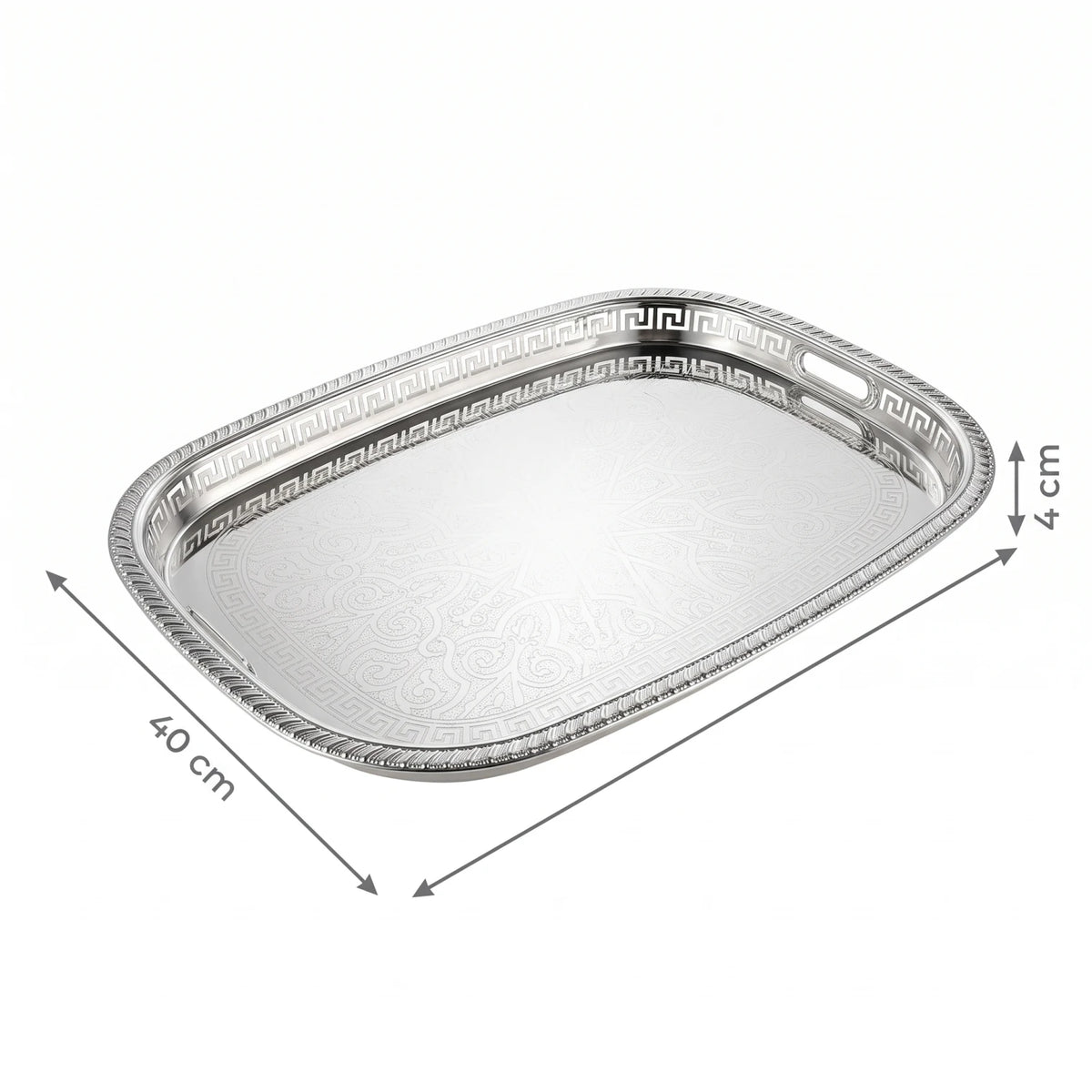 M.E.W Luxury Metal Serving Tray with Mirrored Center – Small, Medium or Large | Silver or Gold | Engraved Greek Key Border - Silver / Medium - Image 2