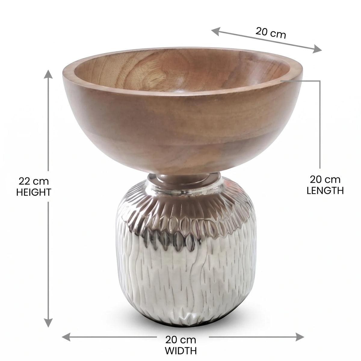 Decorative Bowl with Wooden Top and Metal Base – 22 cm Height, 20 cm Width x 20 cm Length | Pedestal-Style Home Display