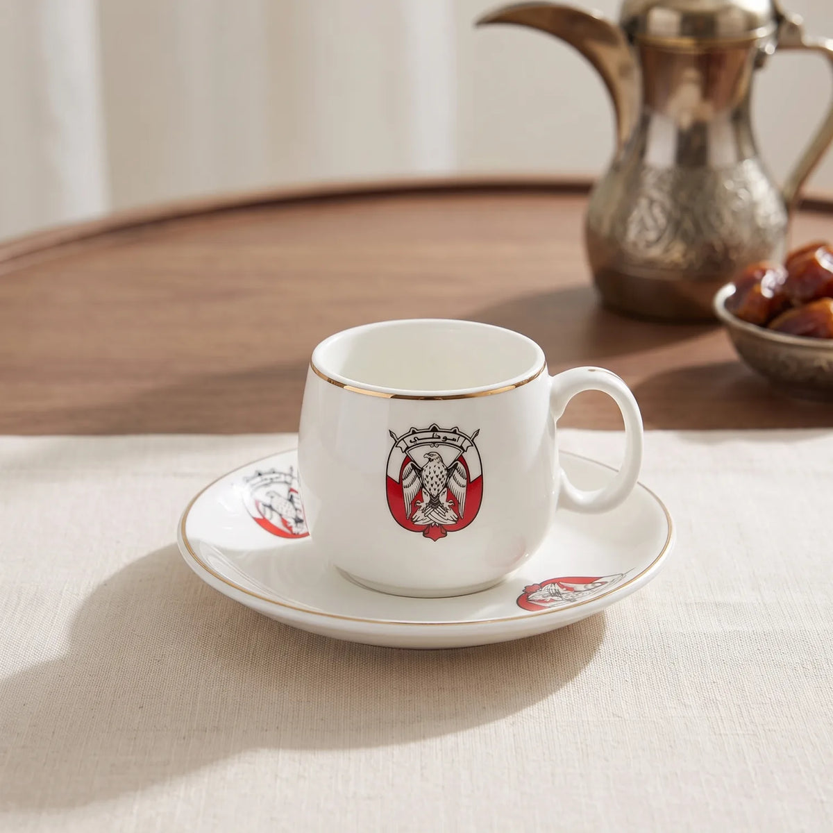Abu Dhabi National Symbol 12-Piece Fine Porcelain Coffee Set – 6 Cups and 6 Saucers | White, Red, Black and Gold Emblem Design, Boxed Drinkware Set