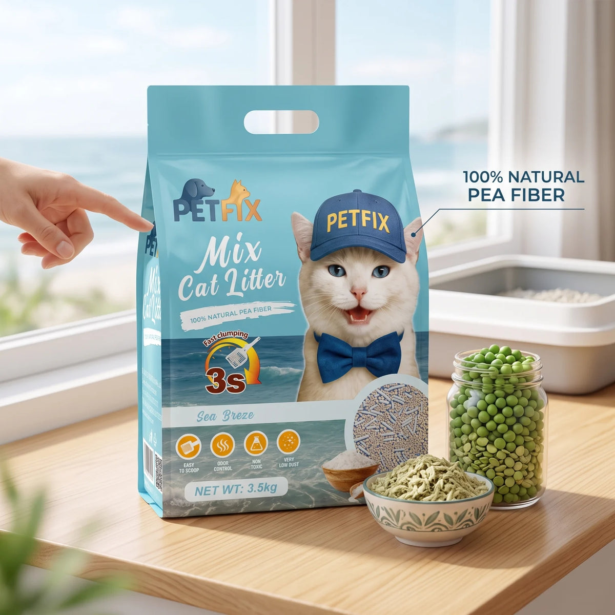 PETEX Cat Litter Sea Breeze 3.5kg – 100% Natural Pea Fiber, Fast Clumping, Odor Control, Very Low Dust, Non-Toxic Easy-Scoop Litter