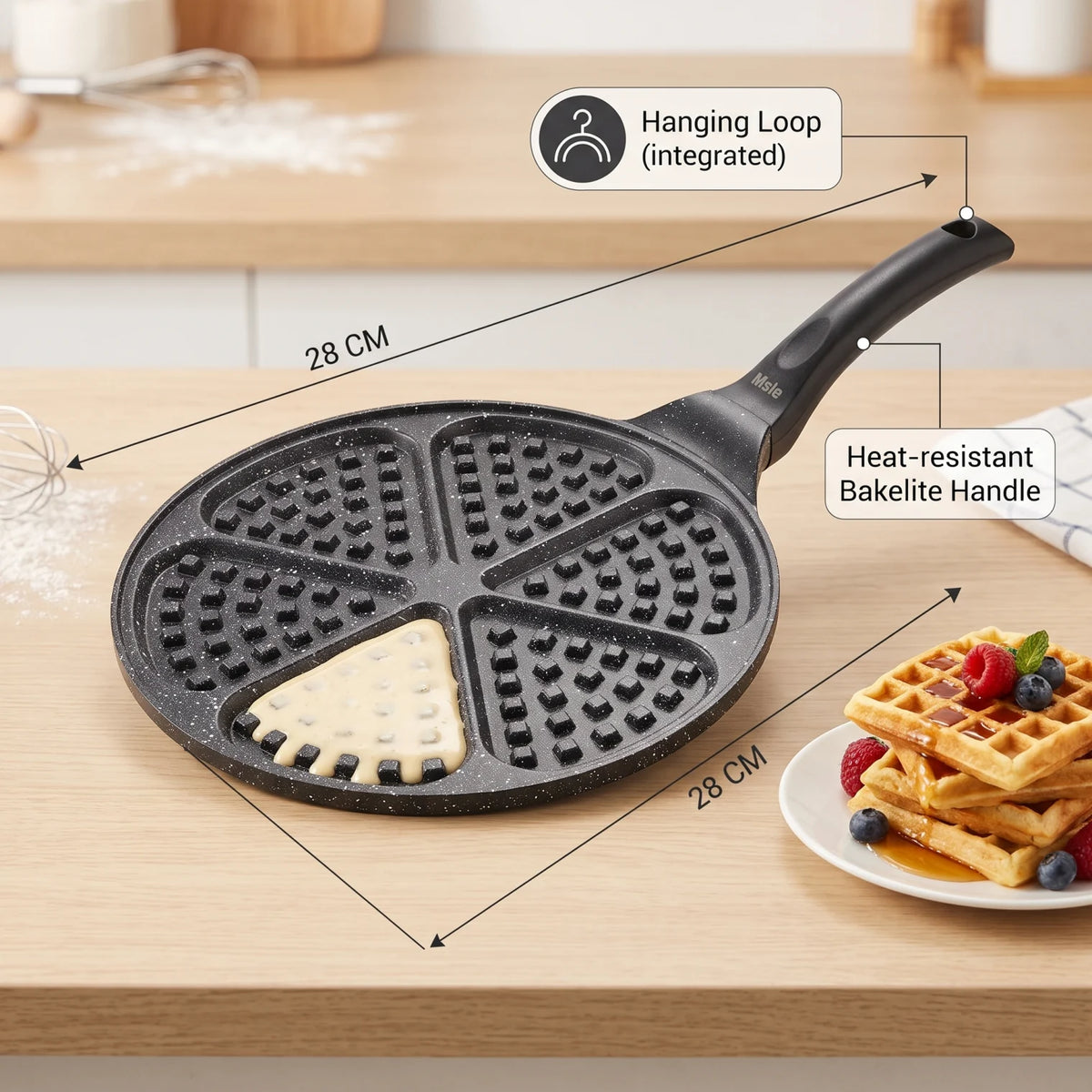 28 CM Granite Coating Waffle Pan with Bakelite Handle and Hanging Loop | Handheld Waffle Cooking Pan for Home Kitchen Use