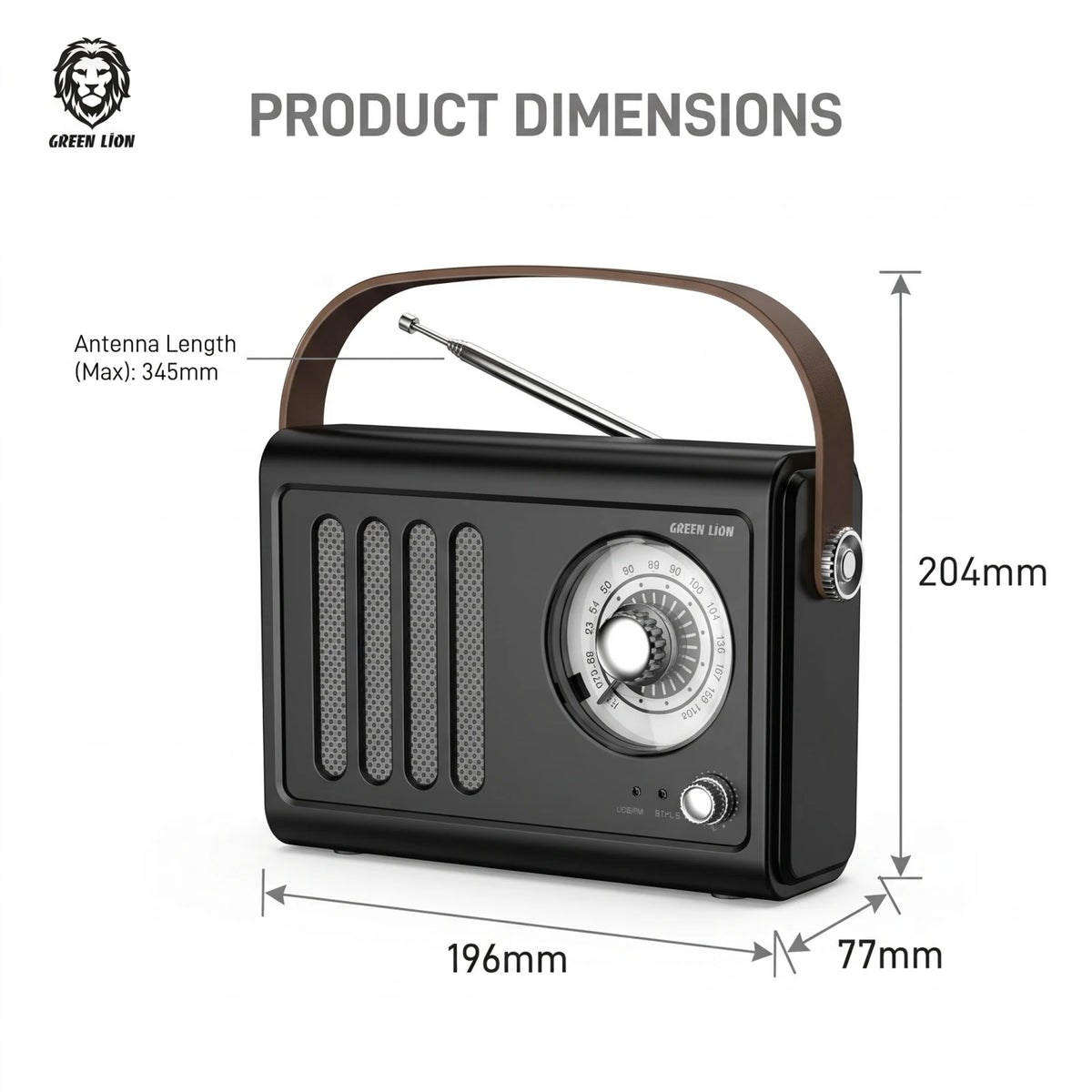 GREEN LION Vintage Radio Speaker – Black Bluetooth FM Radio with Classic Analog Dial, Telescopic Antenna, USB and AUX Inputs, 6.5-Hour Playtime