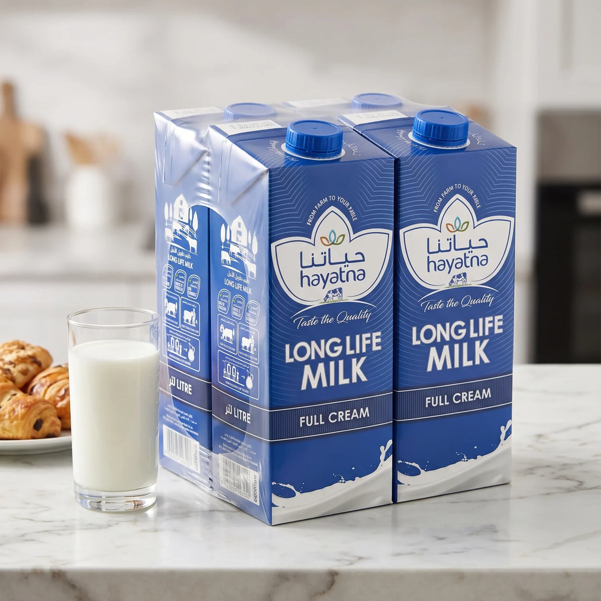 hayatna LONG LIFE MILK Full Cream – Package of 4 Pieces, Each 1 Liters | Resealable Screw Caps | Full-Cream Milk for Home Use