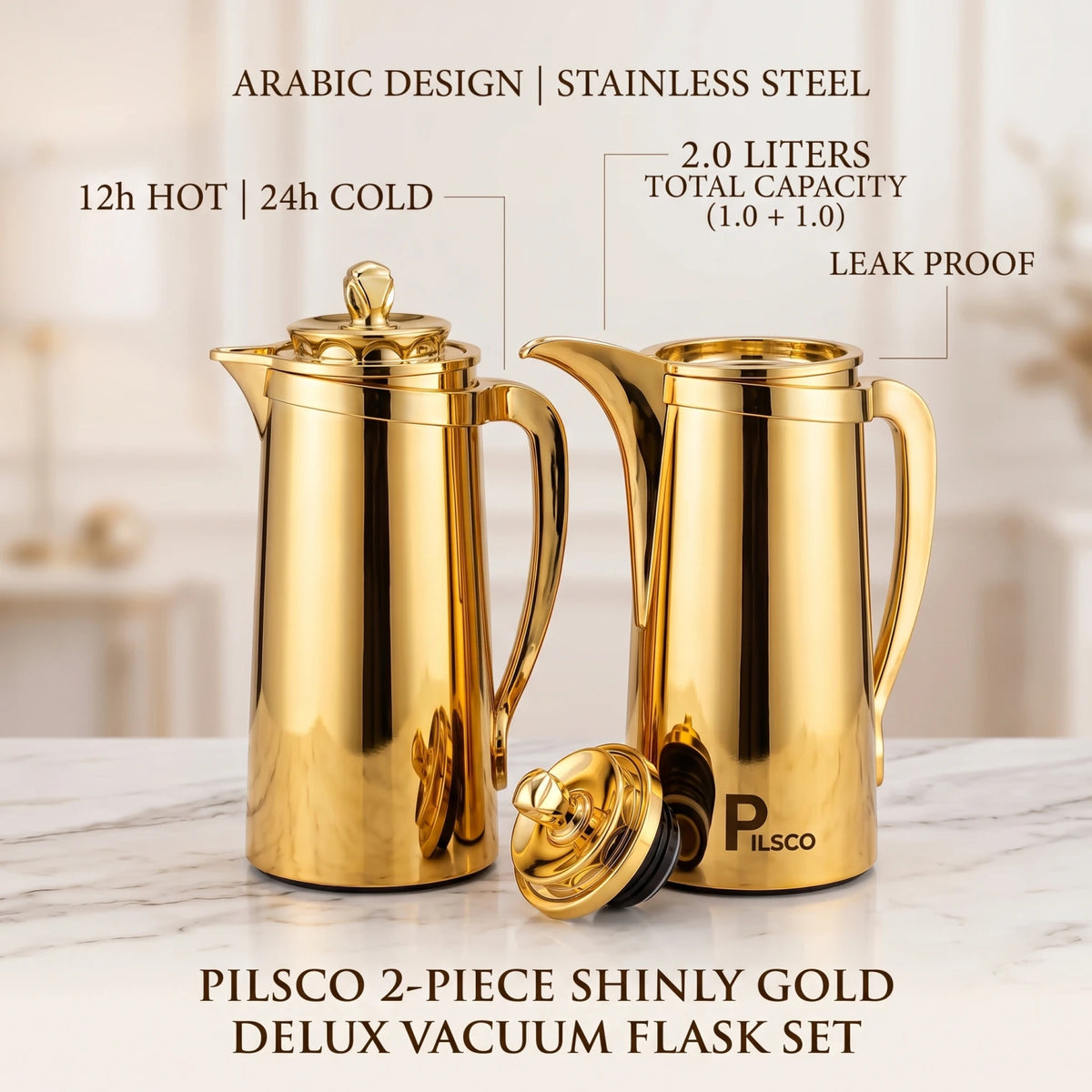Pilsco 2-Piece Shinly Gold Delux vacuum flask set – Arabic Design | 1.0 + 1.0 Liters | Stainless Steel | Leak Proof
