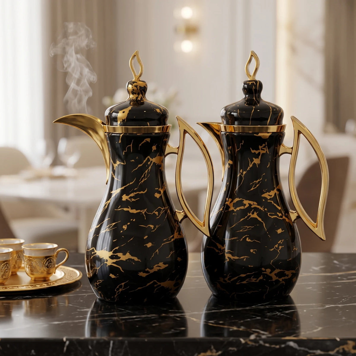 Pilsco 2-Piece Marble Black - Gold Decorative Vacuum Flask Set | Arabic Design, Stainless Steel, 1.0 + 1.0 L