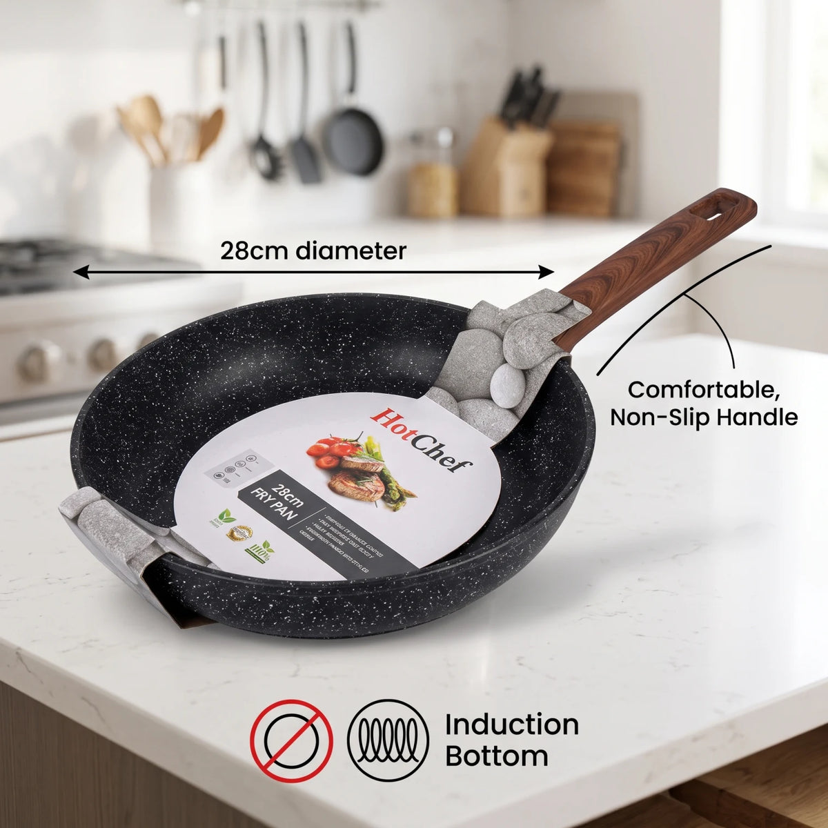 Hot Chef 28 CM Granite Coating Frying Pan – Induction Bottom | Ergonomic Handle | Heat-Resistant Glossy Exterior | Black Speckled Fry Pan