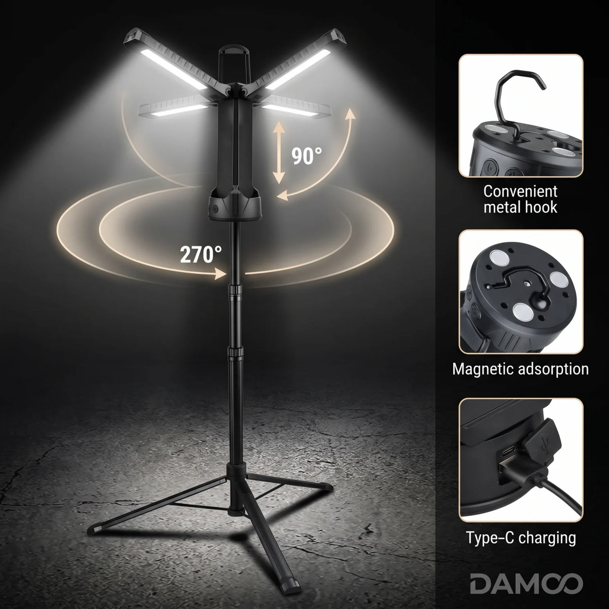 Collapsible Super Bright Work light - D78 | Black LED Work Light with Adjustable 270°/90° Head and Long Pole for Flexible Positioning