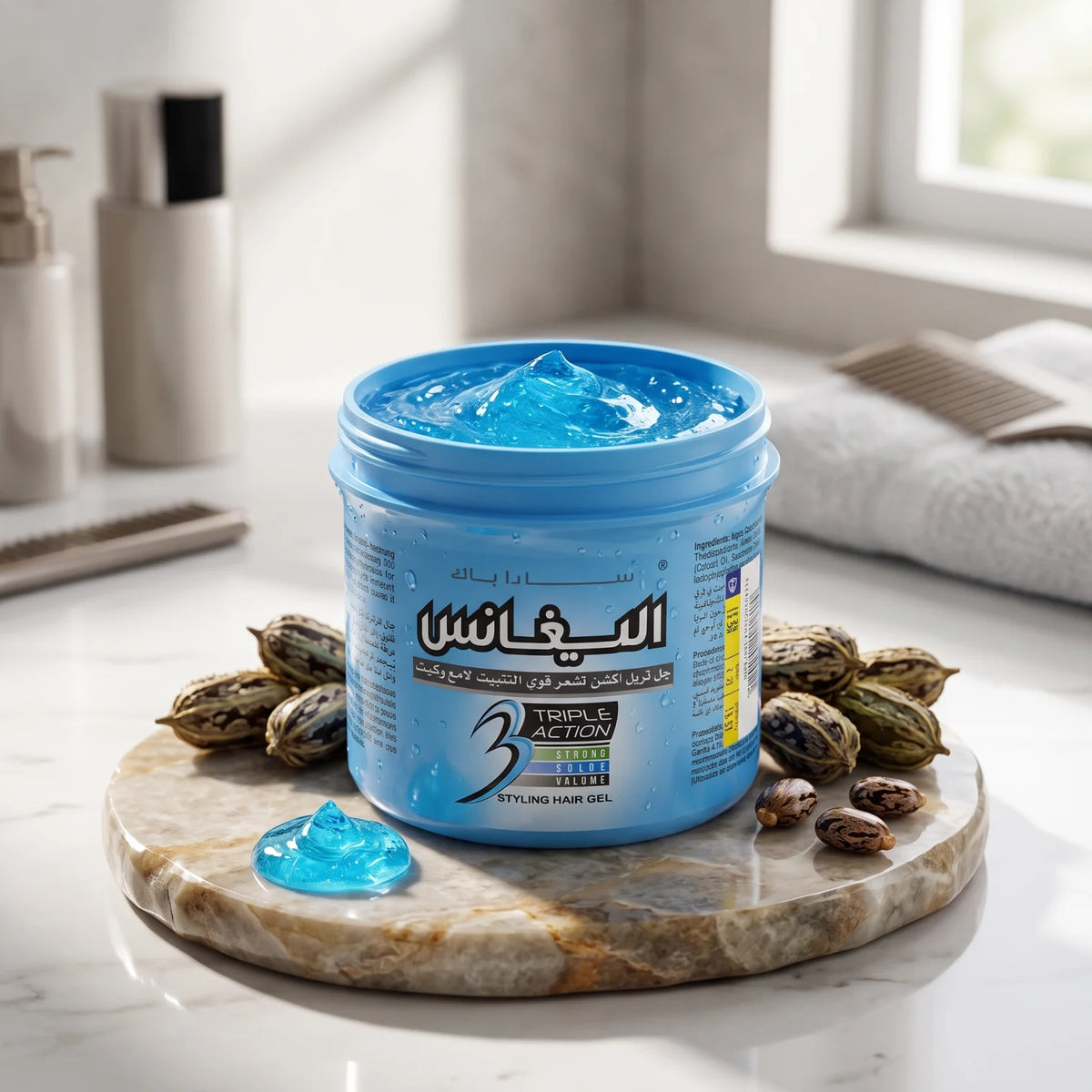 Elegance Hair Gel 500 ml – Blue Hair Styling Gel with Castor Oil and English & Arabic Labeling