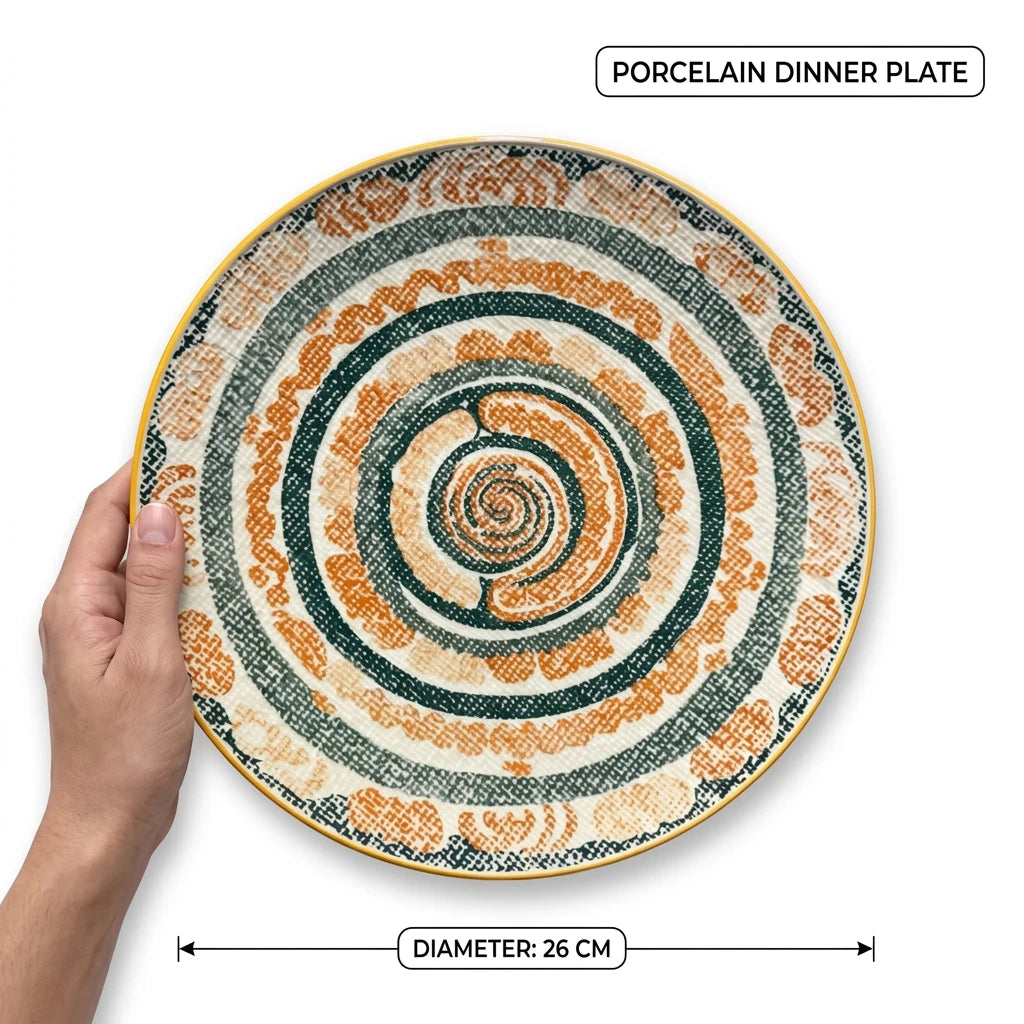 26 CM Porcelain Dinner Plate – Decorative Round Tableware with Textured Spiral Pattern and Multicolour Accents