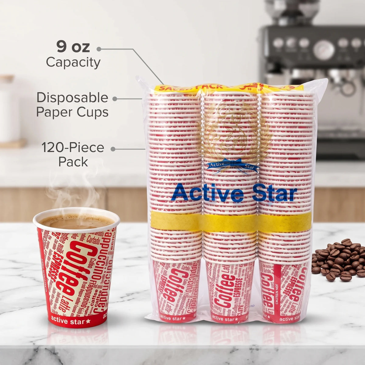 Active star 120 Pieces 9 oz Paper Cups – Disposable Hot Beverage Cups, Coffee-Themed Print, SAVER PACK for Home, Office and Gatherings