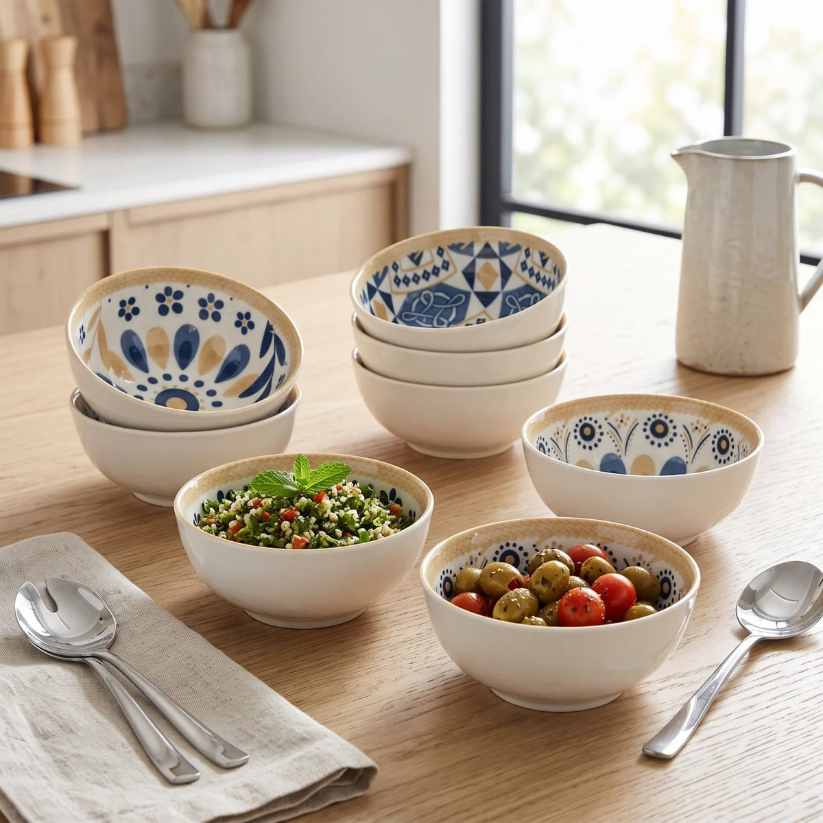 6-piece Ceramic Bowls Set Blue and Yellow Floral and Andalusian Pattern | Glossy Round Serving Tableware Bowls