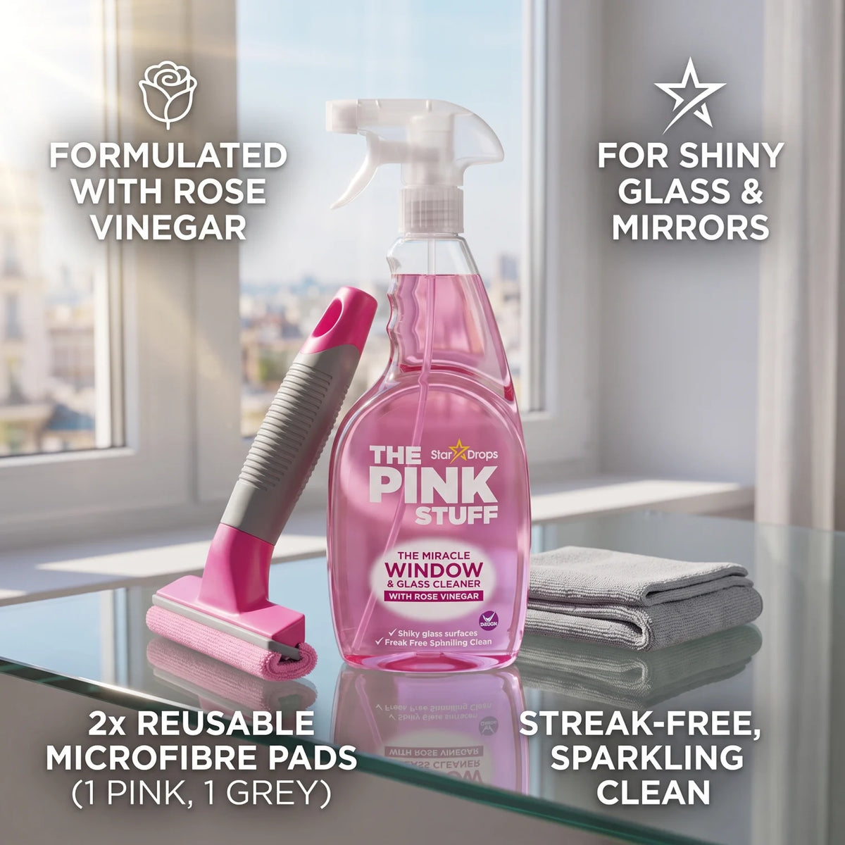 The Pink Stuff The Miracle Window Cleaning Kit with Rose Vinegar – 850ml Spray, Window Handle & 2 Reusable Microfibre Pads for Shiny Glass