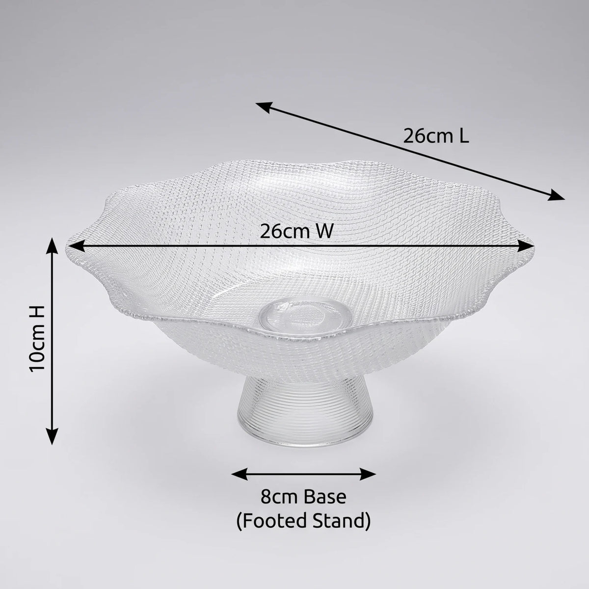 Clear Textured Glass Fruit Pedestal Bowl – Scalloped Rim, Footed Base | 10cm H x 26cm W x 26cm L, 8cm Base
