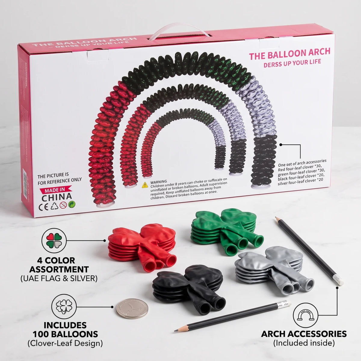THE BALLOON ARCH Kit – UAE Flag Colors | 100 Four-Leaf Clover Balloons in Red, Green, Black and Silver | Party Decoration Set