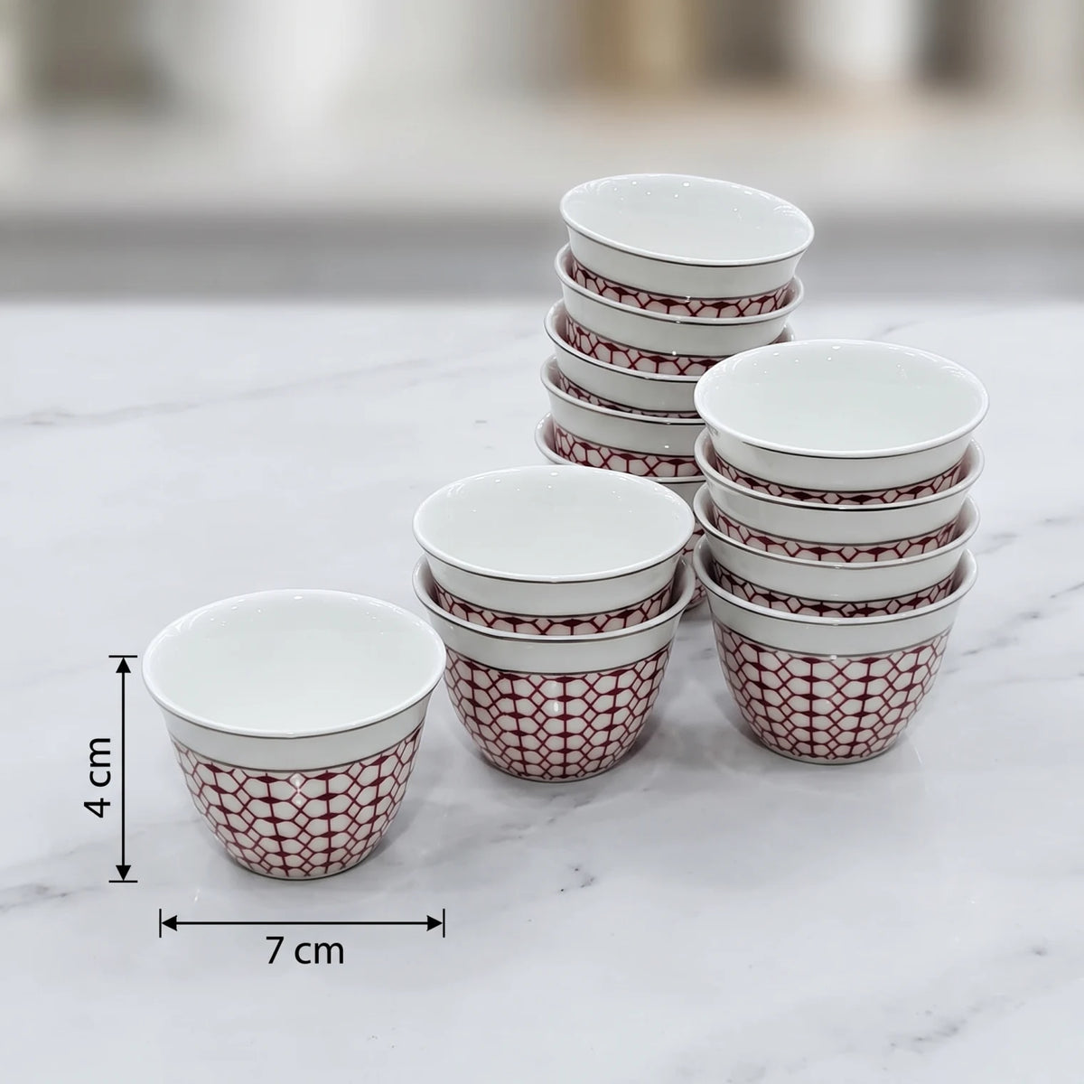 WINDCERA Porcelain 12-Pieces Gahwa Cup Set – White Cups with Red Geometric Lattice Pattern and Metallic-Colored Rims, 4 x 7 x 7 cm Each