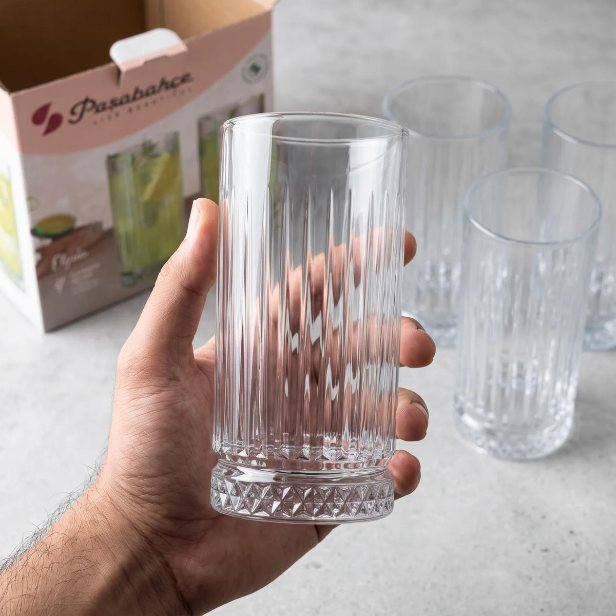 Pasabahce Elysia High Quality 4-Piece Glass Set, 435 CC Clear Tumblers | Ribbed Fluted Sides & Faceted Bases for Everyday Drinks and Table Serving