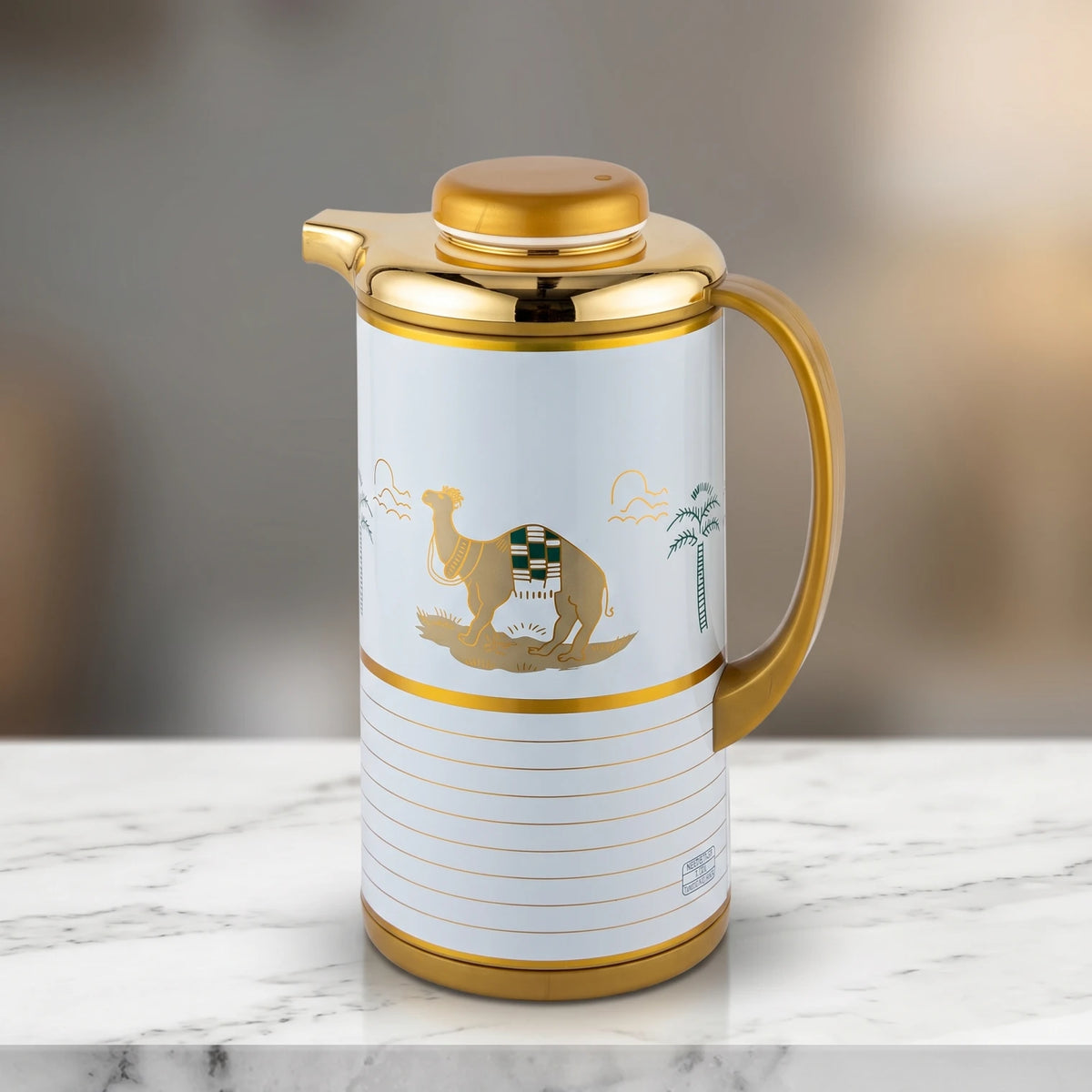 SIMBA MKUBWA Vaccum Jug Gold & White 1.0 L – Arabic Heritage Camel & Palm Tree Design | Leak Proof, Hot & Cold Beverage Flask