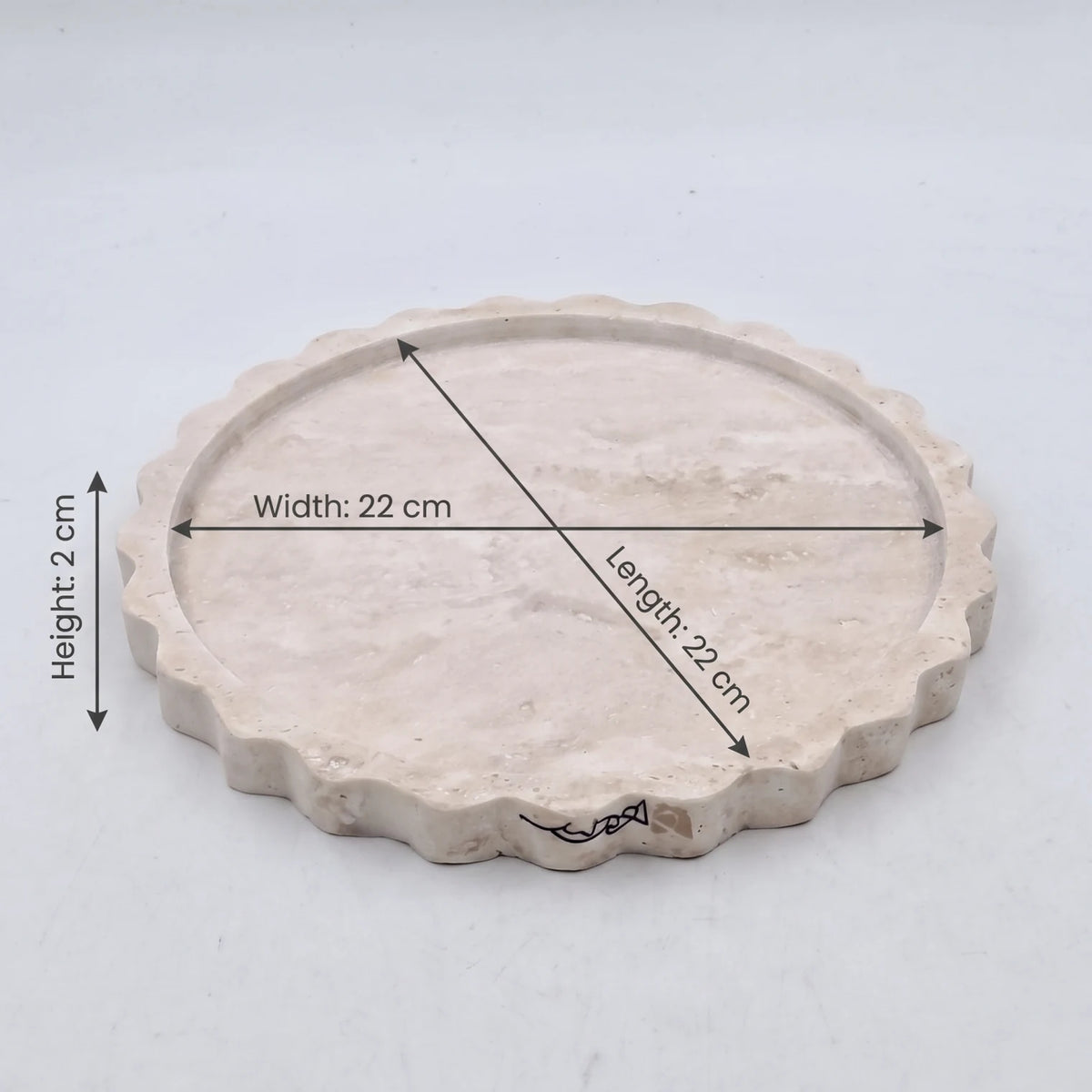 Round Travertine Stone Scalloped Tray – 22 x 22 x 2 cm | Raised Rim | Textured Beige Finish | Decorative Serving Platter